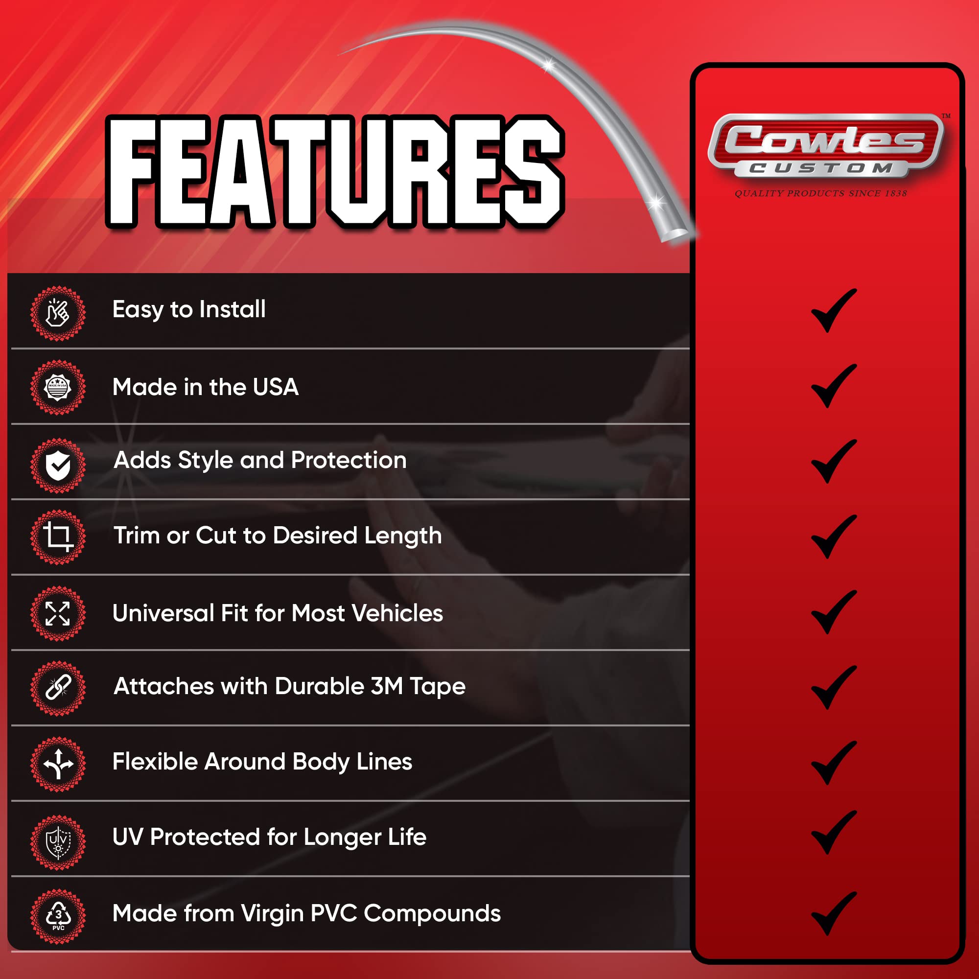 Cowles - Universal Premium Body Molding for All Vehicles - Easy Install, Chrome Finish, 1" by 12 ft, UV Protected, Long Lasting Flexible PVC