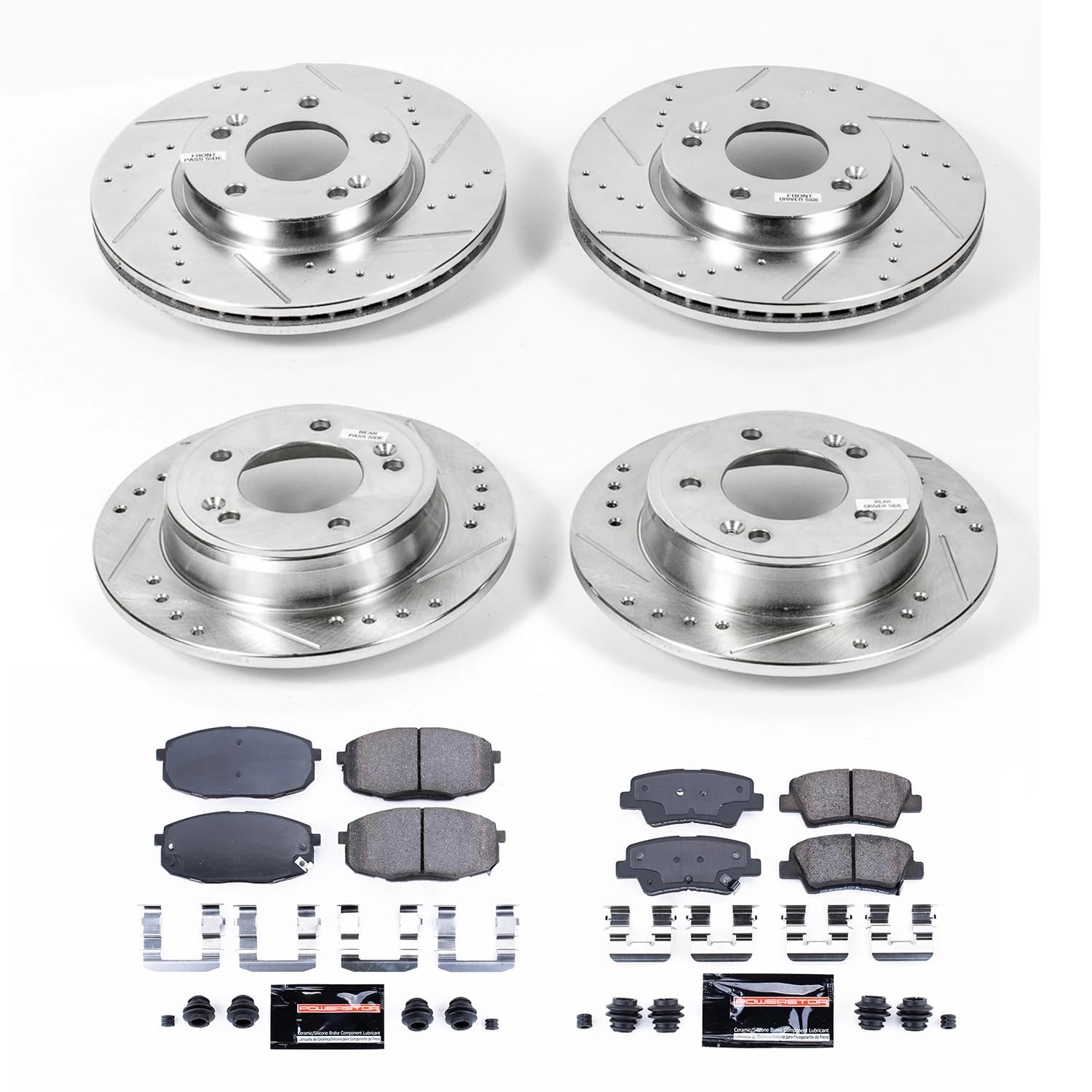 Power Stop K6945 Z23 Carbon Fiber Brake Pads Front and Rear with Drilled & Slotted Brake Rotors Kit For Kia Soul 2014-2016 [Model Specific]