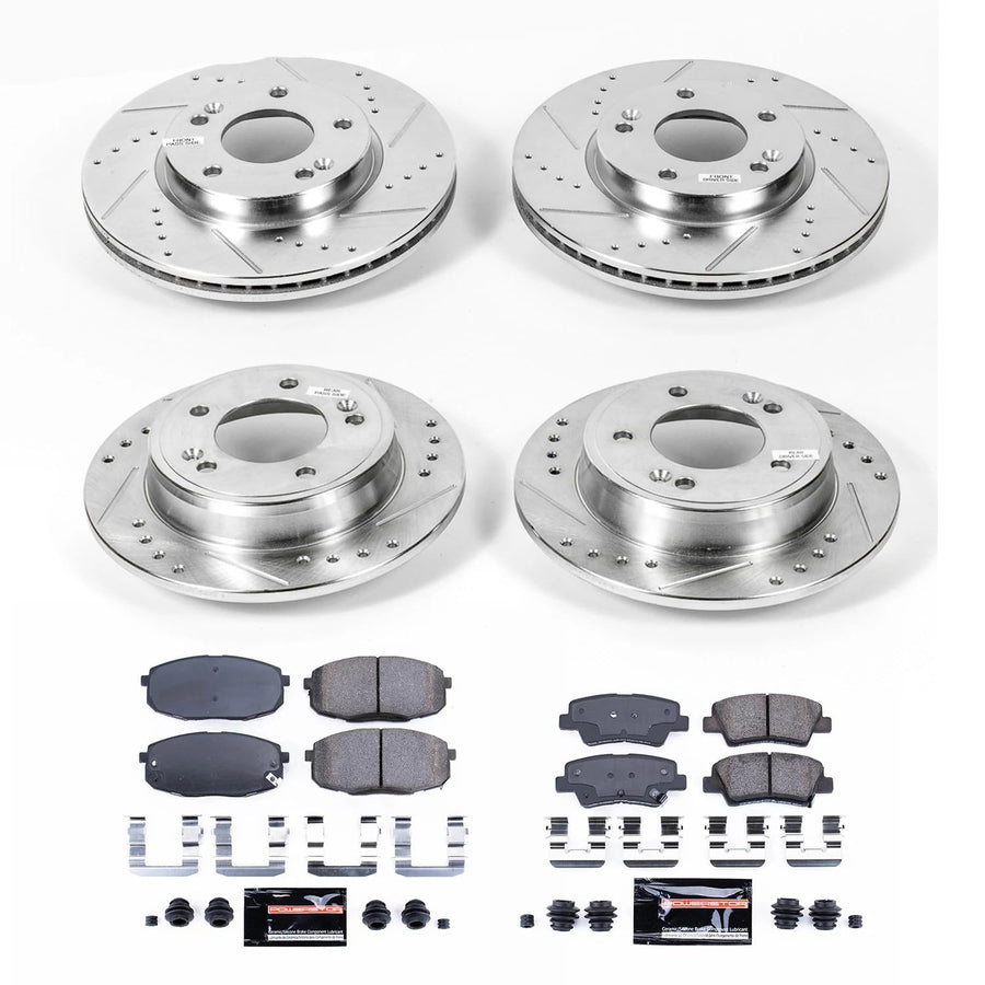 Power Stop K6945 Z23 Carbon Fiber Brake Pads Front and Rear with Drilled & Slotted Brake Rotors Kit For Kia Soul 2014-2016 [Model Specific]