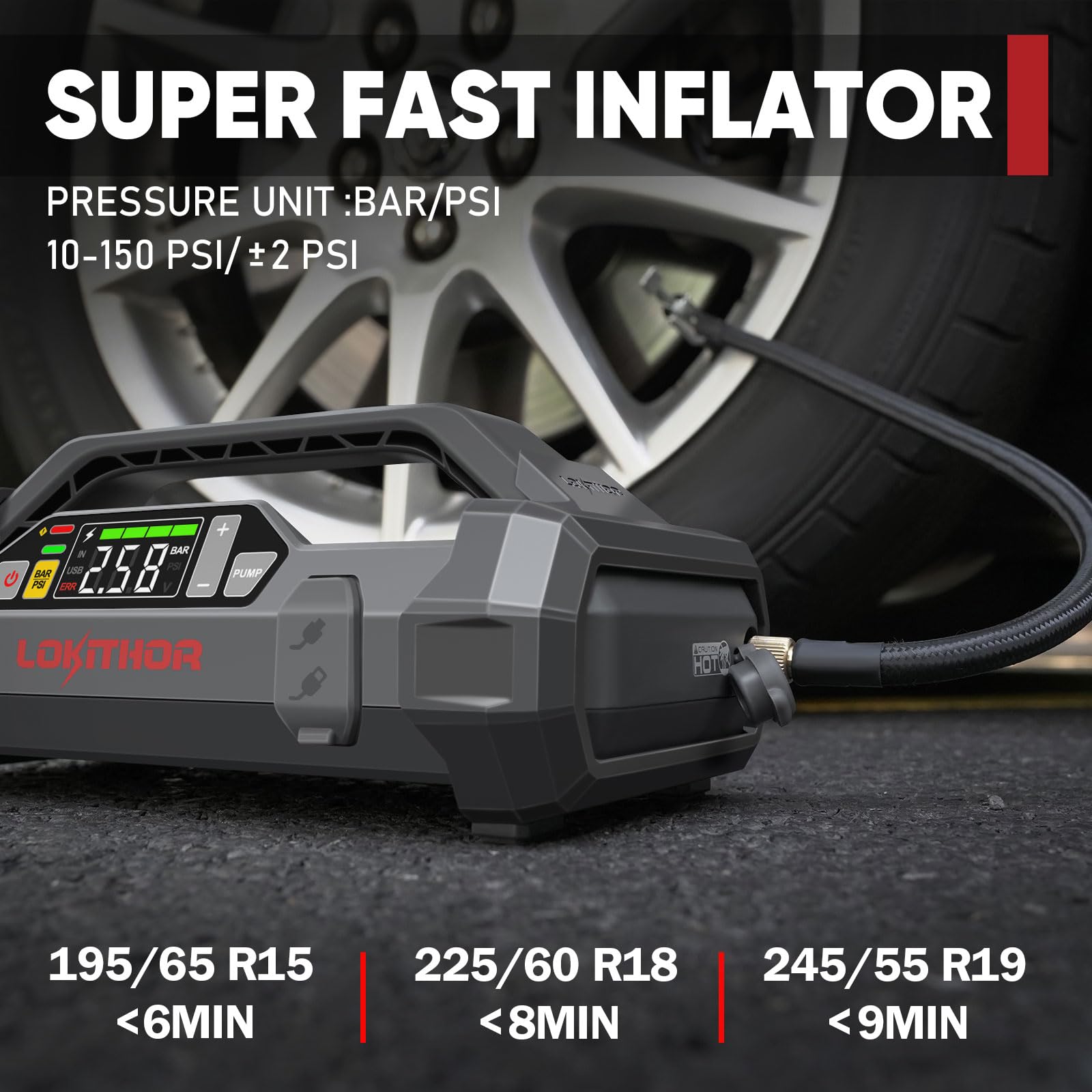 JA301 LOKITHOR Jump Starter with Air Compressor, 2000Amp 12V Portable Car Battery Booster Pack for Upto 8.0L Gas or 6.0L Diesel, 150 PSI Tire Inflator with Digital Screen, 30 Months Ultra-Long Standby