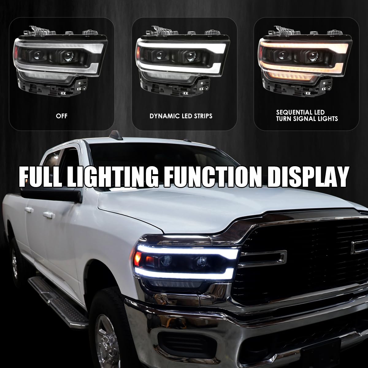 Dual Projector Headlights SPEC-D TUNING Black w/Sequential LED Turn Signal and Startup Animation Compatible with 2019-2024 Dodge Ram 2500, 3500, 4500, Left + Right Pair Headlamps Assembly