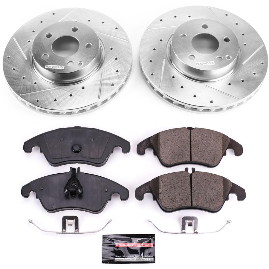 Power Stop K7496 Z23 Carbon Fiber Brake Pads Front with Drilled & Slotted Brake Rotors Kit and 1 Front Sensor Wire For C, C350, E250, E350, E400 [Model Specific]