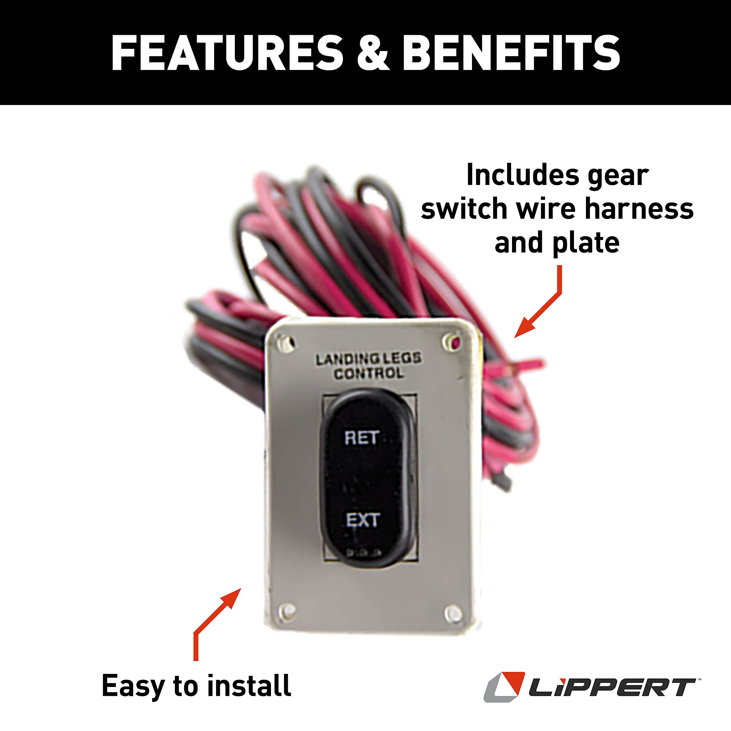 Lippert Power Replacement RV Landing Gear White IP-Rated Switch with Plate & Wiring Harness for 5th Wheel RVs, Ignition-Proof, Extend / Retract Leg Control, Interior or Exterior Mount - 145236
