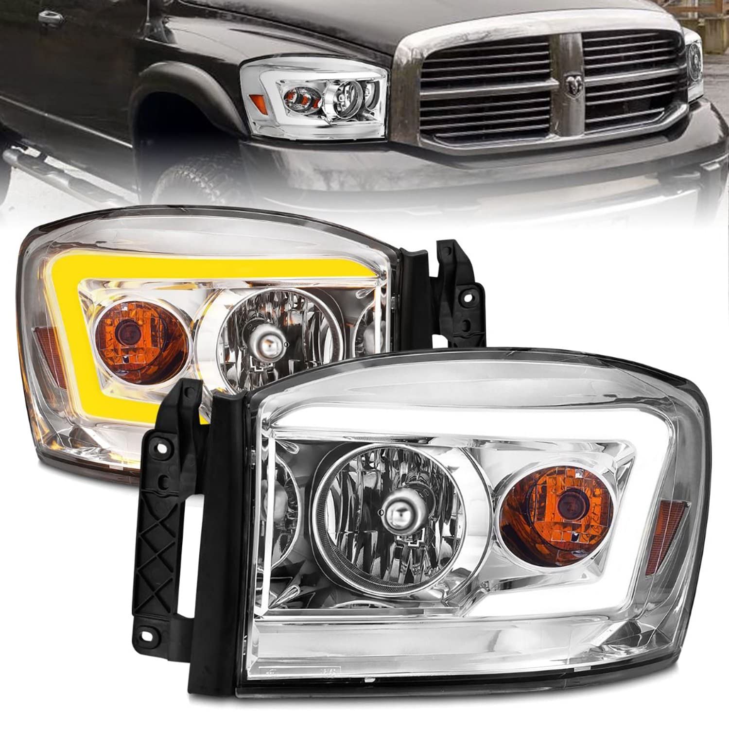 06-09 Dodge RAM 1500/2500/3500 ANZO USA Aridex Headlights Chrome Housing/Clear Lens (w/Switchback Light Bars) (111527)