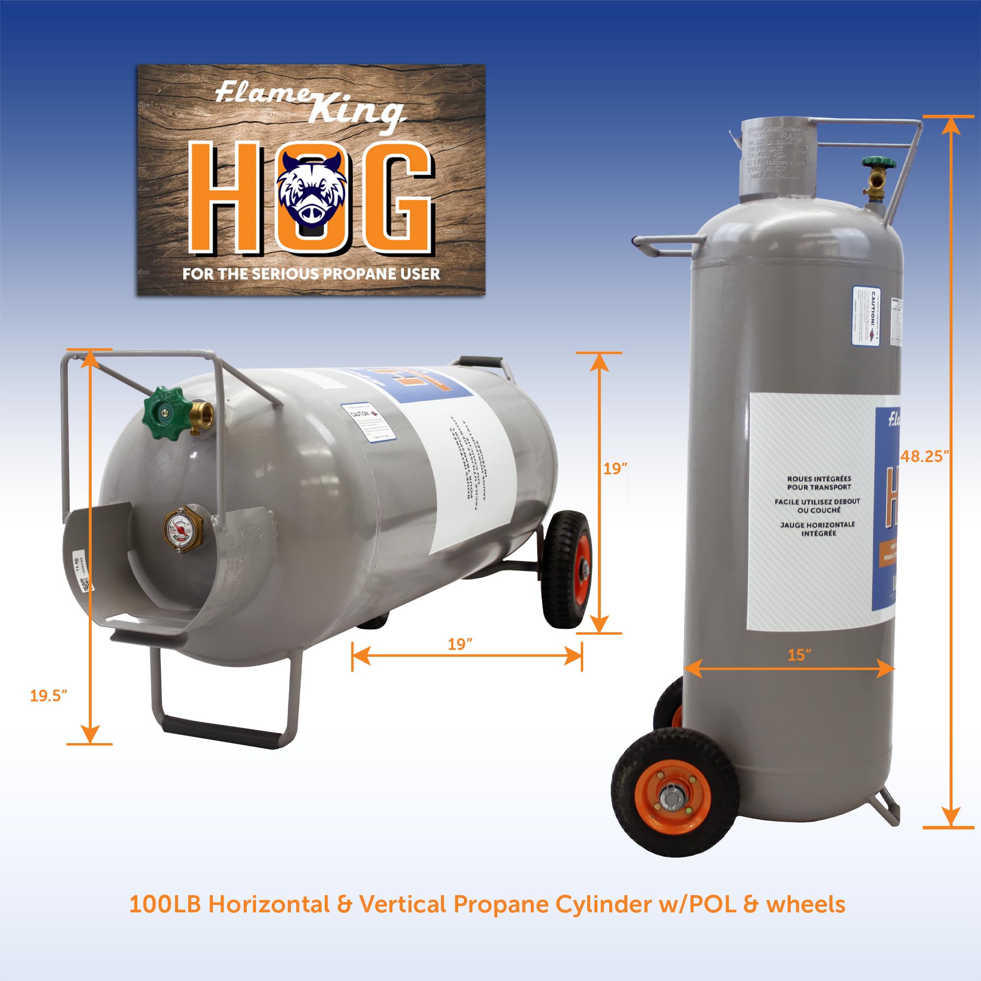 100LB Flame King Empty Propane Tank with Wheels, Horizontal & Vertical LP Cylinder with Built-in Gauge for Fire Tables, Fire Pits, Patio Heaters, Barbeques, Lunch Trucks, Weed Torches & Truck Campers