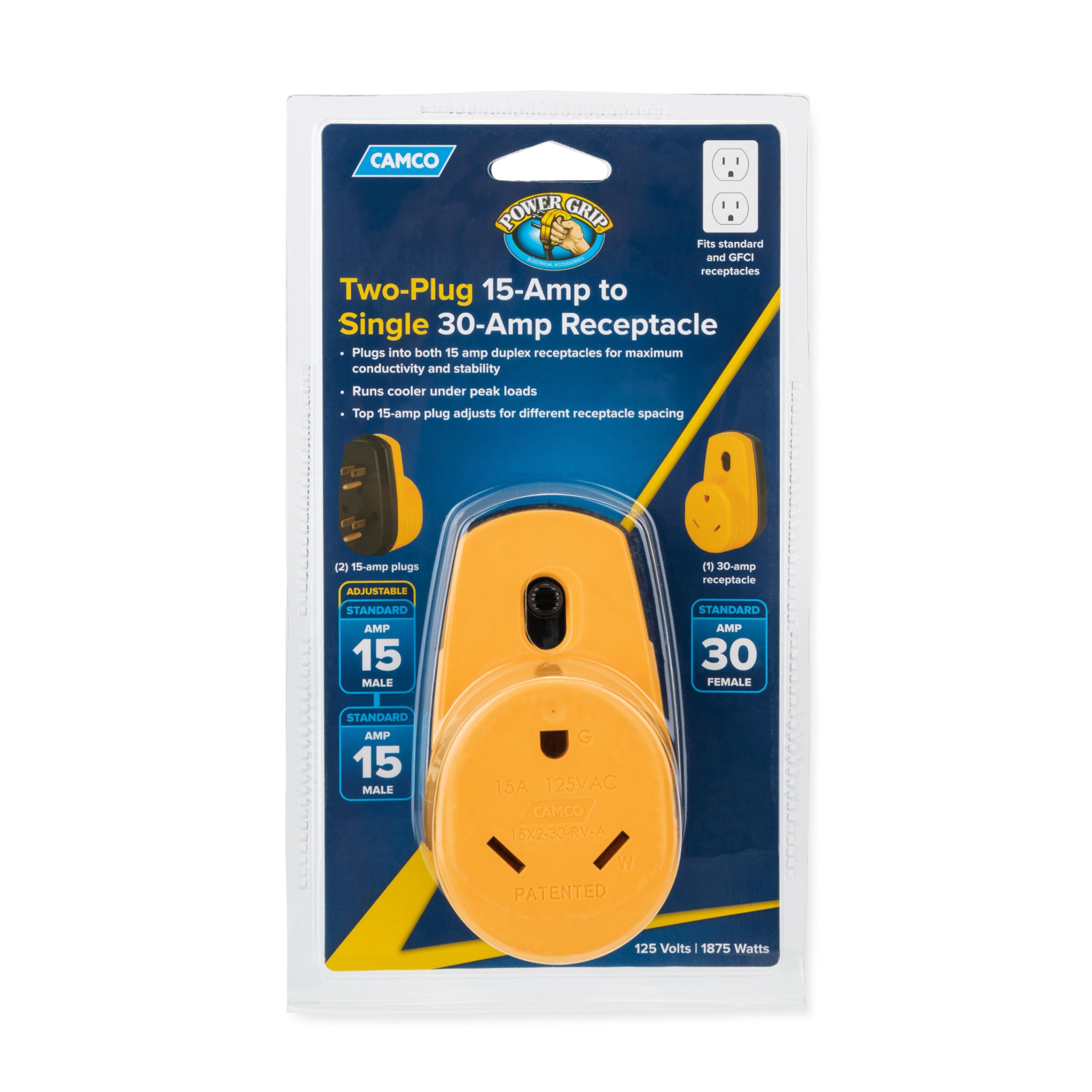 Camco RV PowerGrip Two-Plug 15-Amp to Single 30-Amp Adapter |125 V/1875 W (55225), Yellow