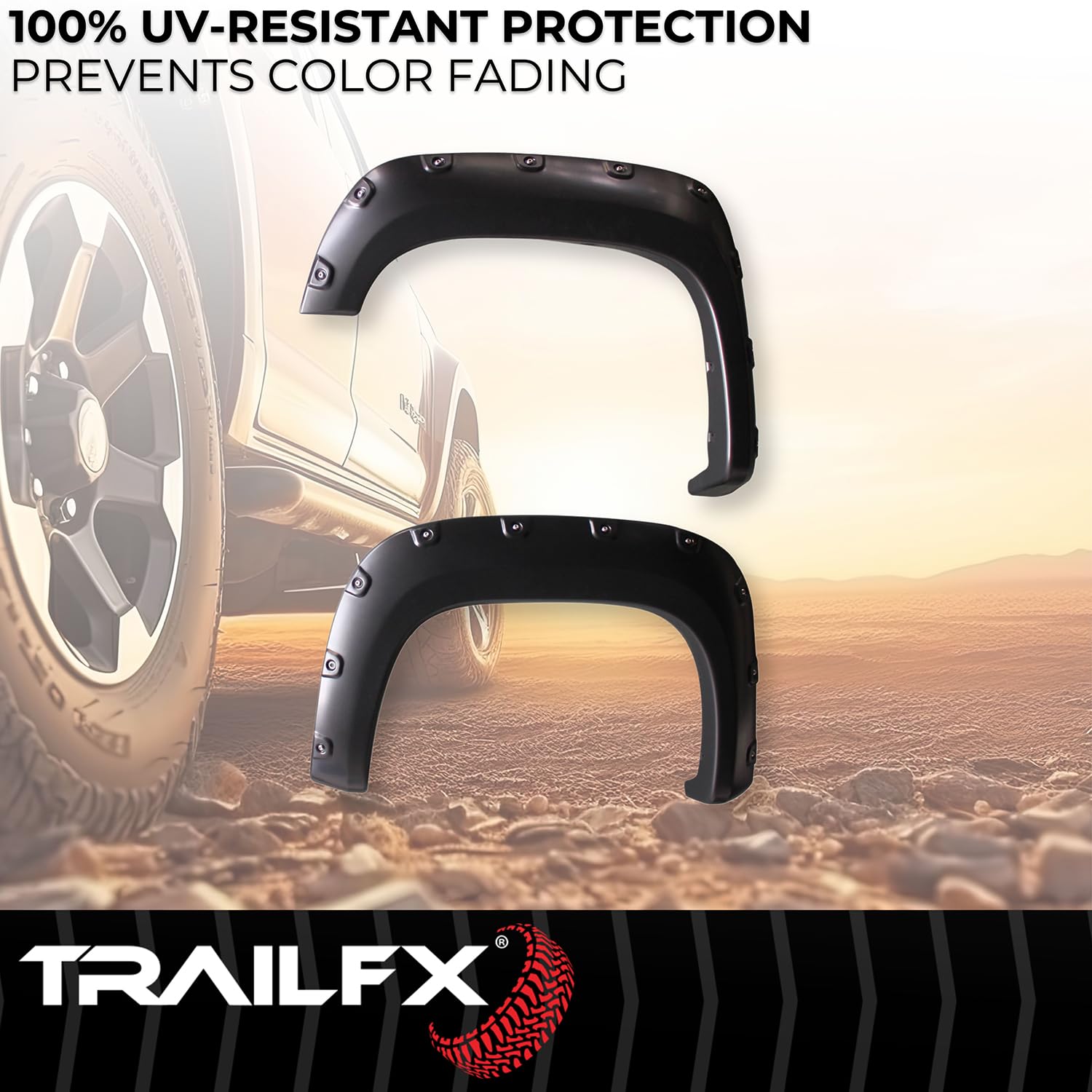 Fender Flares TrailFX Fits GMC Sierra 1500 2007-2013 Pocket Style Black Smooth Paintable Plastic Set of 4 Fender Flares with Stainless and Black Steel Rivets TrailFX TFG3001S