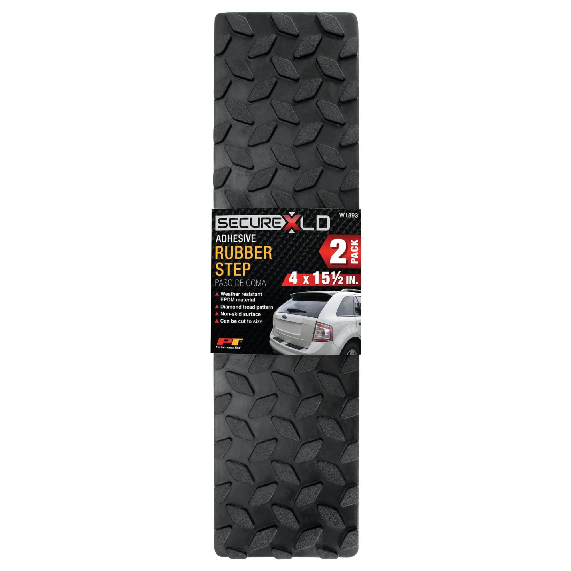 W1893 Performance Tool 4-Inch x 15-1/2-Inch Diamond Tread Rubber Step Mats - Non-Skid Adhesive Traction for Trailers, Trucks, Boats, and More