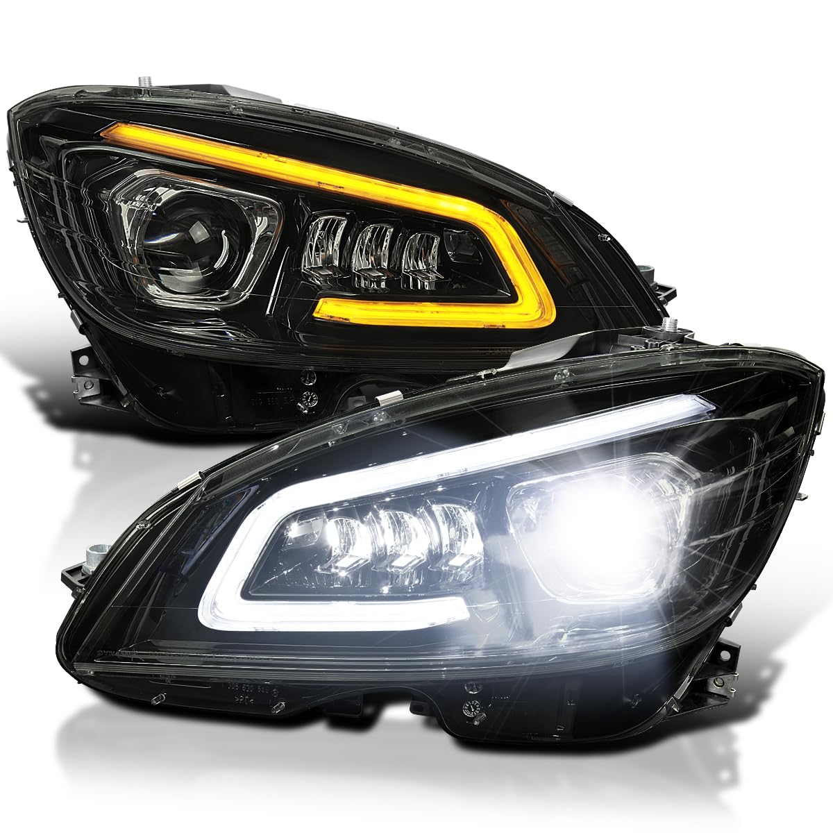 Black Smoke SPEC-D TUNING Full LED Projector Headlights w/Sequential Turn Signal Compatible with 2008-2011 Mercedes Benz W204 C-Class, Left + Right Pair Headlamps Assembly