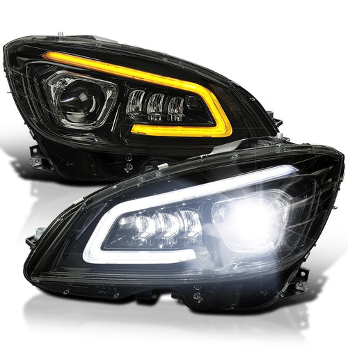 Black Smoke SPEC-D TUNING Full LED Projector Headlights w/Sequential Turn Signal Compatible with 2008-2011 Mercedes Benz W204 C-Class, Left + Right Pair Headlamps Assembly