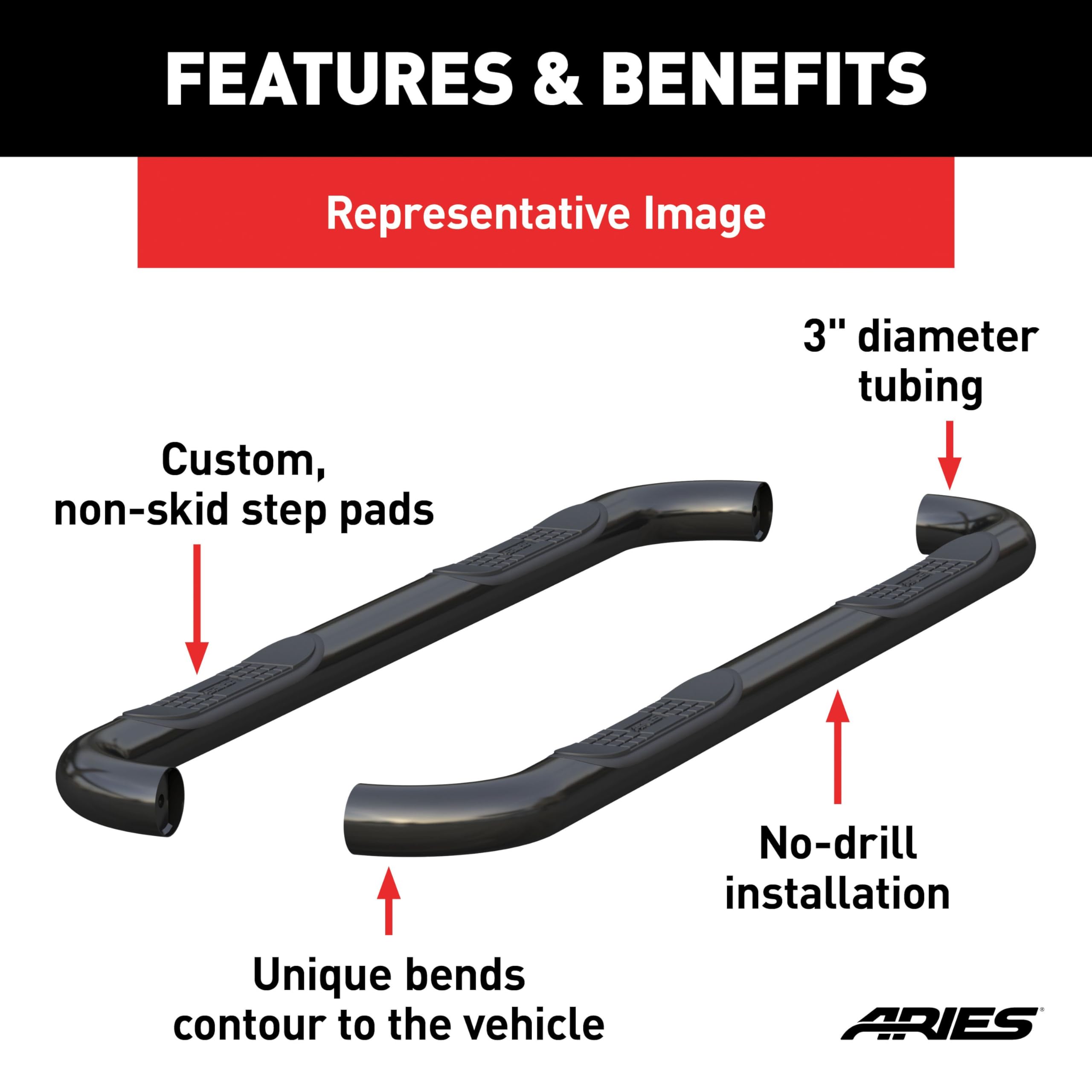 3-Inch Round ARIES Black Stainless Steel Nerf Bars, No-Drill, Fits Select Ford Excursion, F-250, F-350 Super Duty
