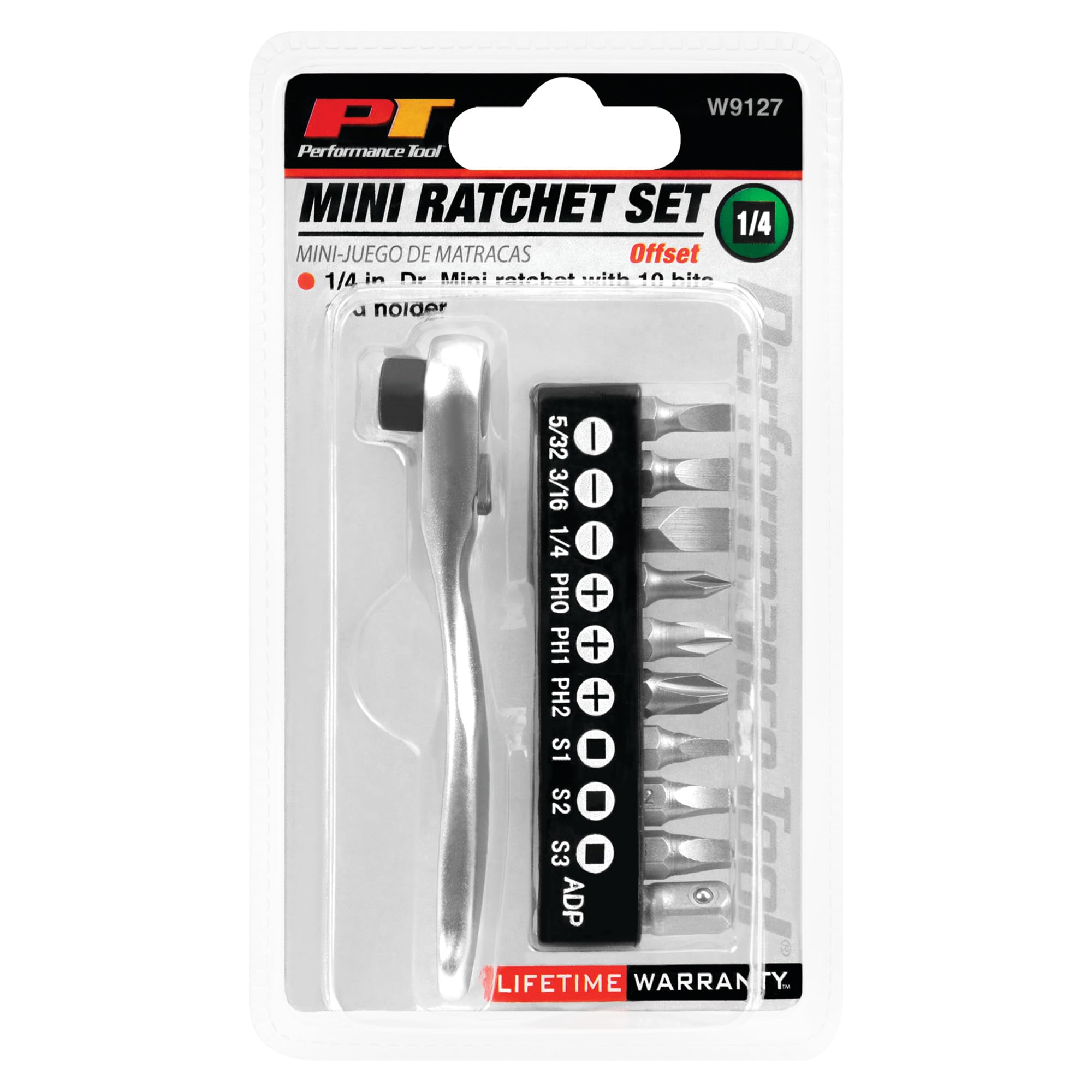 W9127 Performance Tool 72-Tooth Mini Ratchet & Bit Set with Chrome Vanadium Steel Construction and 10pc Bits