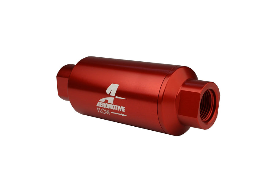 In-Line Aeromotive 12335 Filter, 40-Micron Stainless Mesh Element, ORB-10 Port, Bright-Dip Red, 2" OD