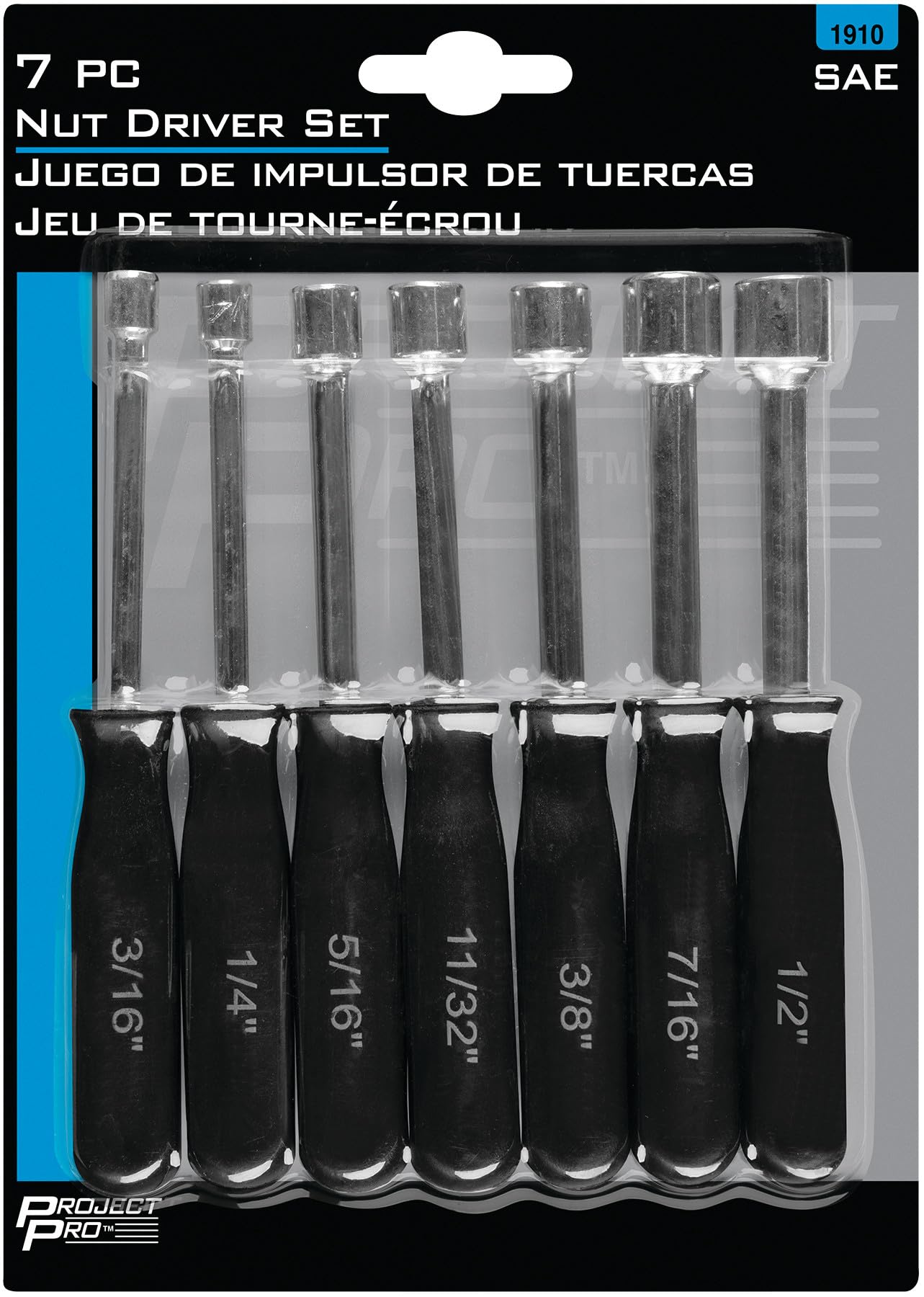 7-Piece SAE Performance Tool 1910 Nut Driver Set for Tightening and Loosening Fasteners with Comfortable Grip Handles and Convenient Storage Case