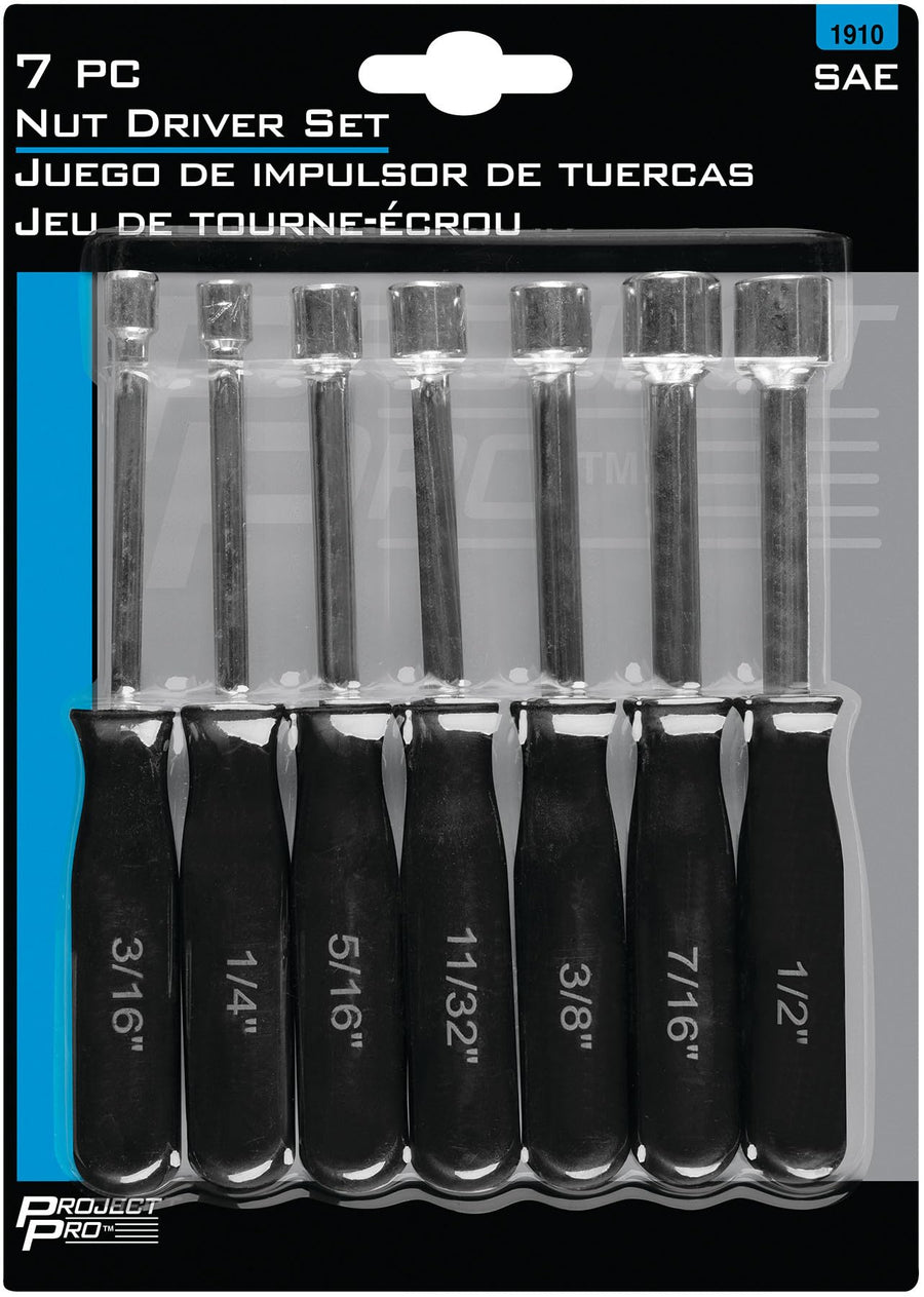 7-Piece SAE Performance Tool 1910 Nut Driver Set for Tightening and Loosening Fasteners with Comfortable Grip Handles and Convenient Storage Case