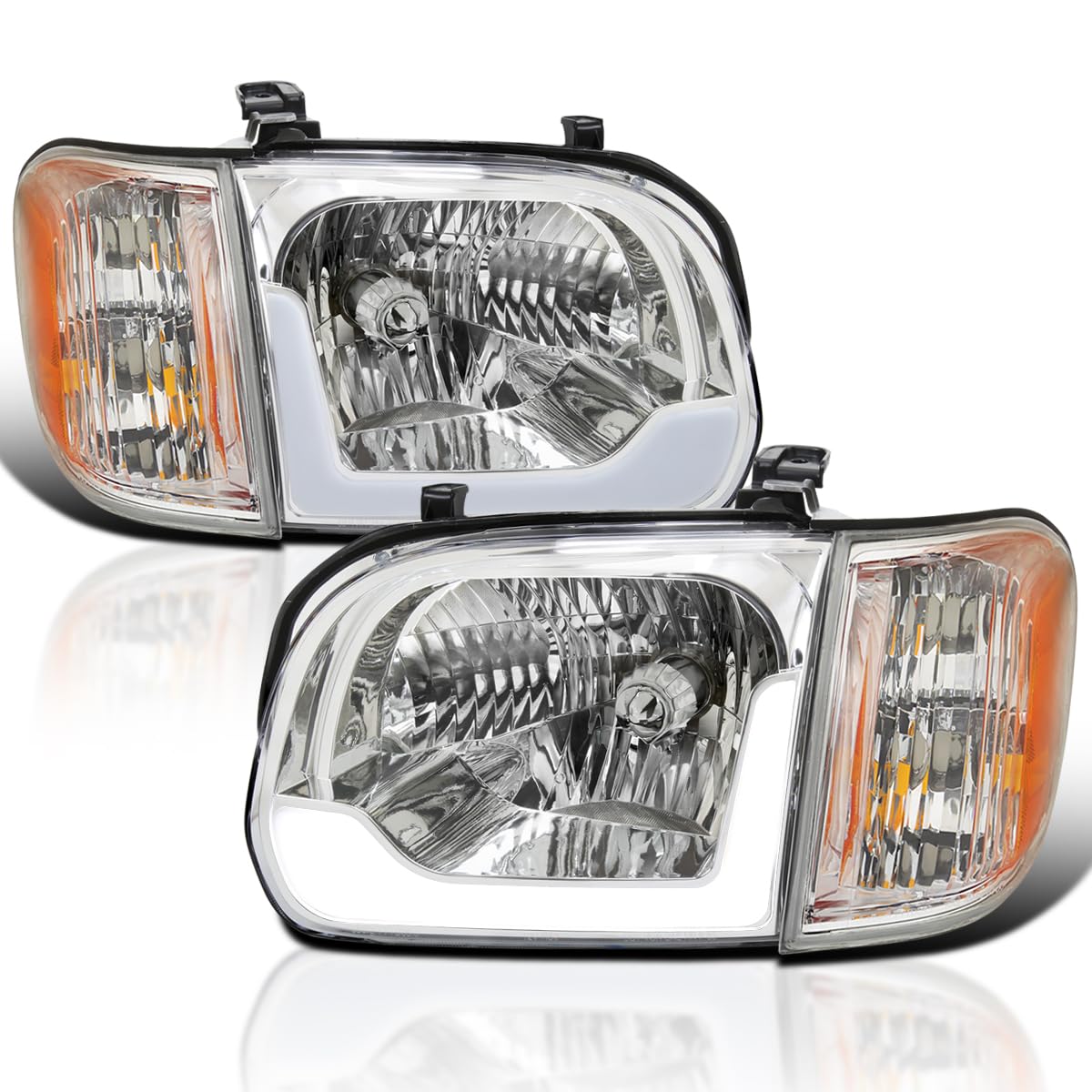 LED Tube Headlights + Corner Lights SPEC-D TUNING Compatible with 2005-2006 Toyota Tundra, Left + Right Pair Headlamp Assembly