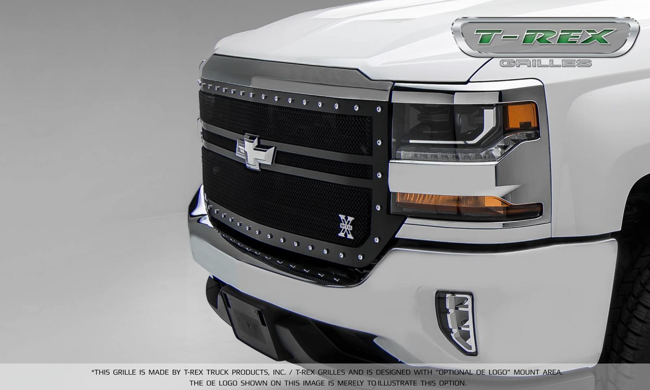 2016-2018 Silverado 1500 T-Rex Grilles X-Metal Grille, Black, 1 Pc, Replacement, Chrome Studs, 2 Bar Design - PN #6711301
