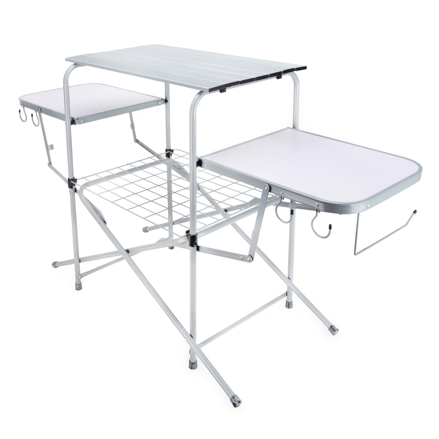 Camco Deluxe Olympian Portable Grill Table - Provides Plenty of Room for Grilling Gear While Camping - Folding Grilling Table Collapses for Compact Storage - Supports Up to 100lb (57293)