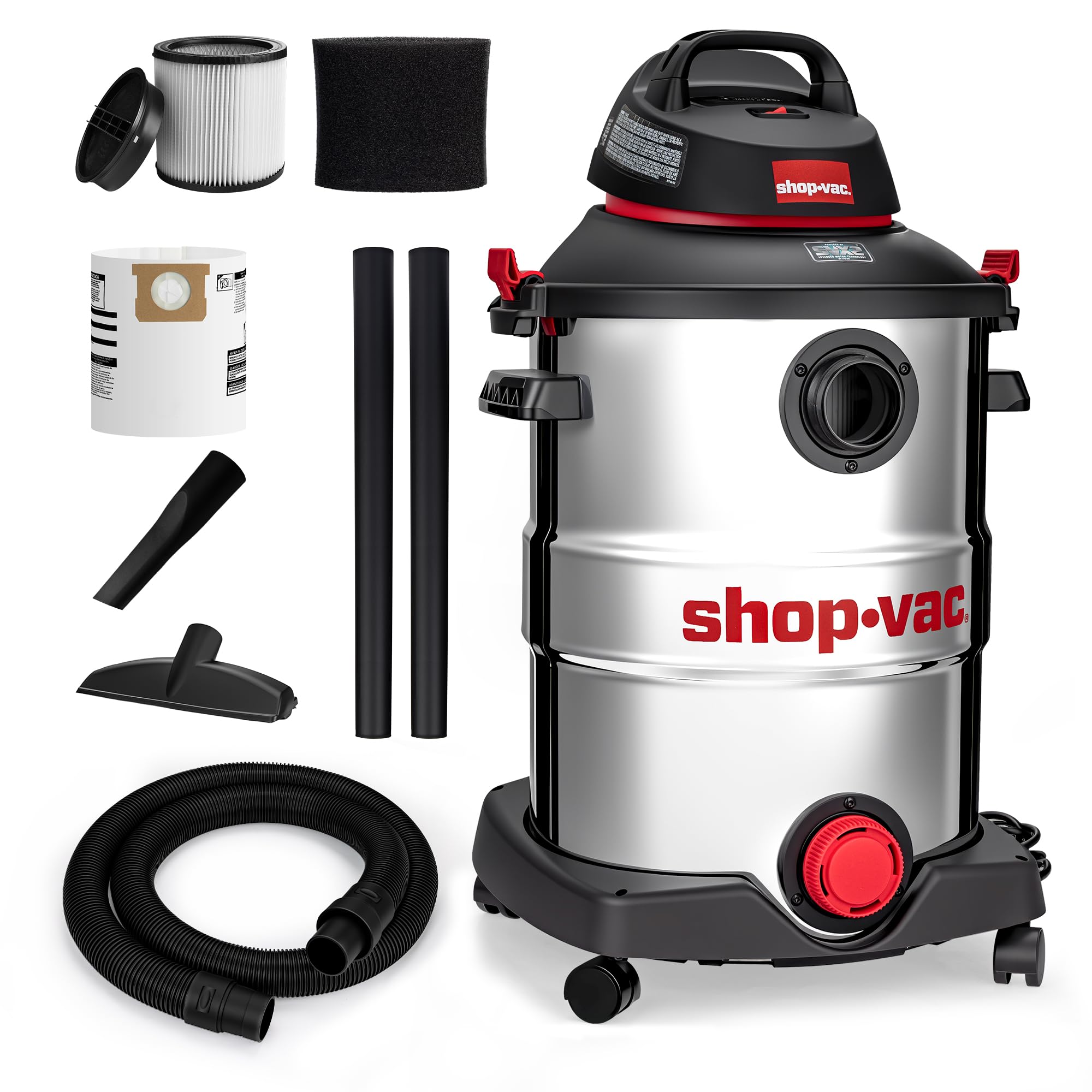 12 Gallon Shop-Vac Wet/Dry Vacuum, 5.5 Peak HP, SVX2 Motor, Stainless Steel Tank, 2.5 Inch Diameter x 8 Ft Hose, 20 Ft Cord, Blower Feature with Accessories
