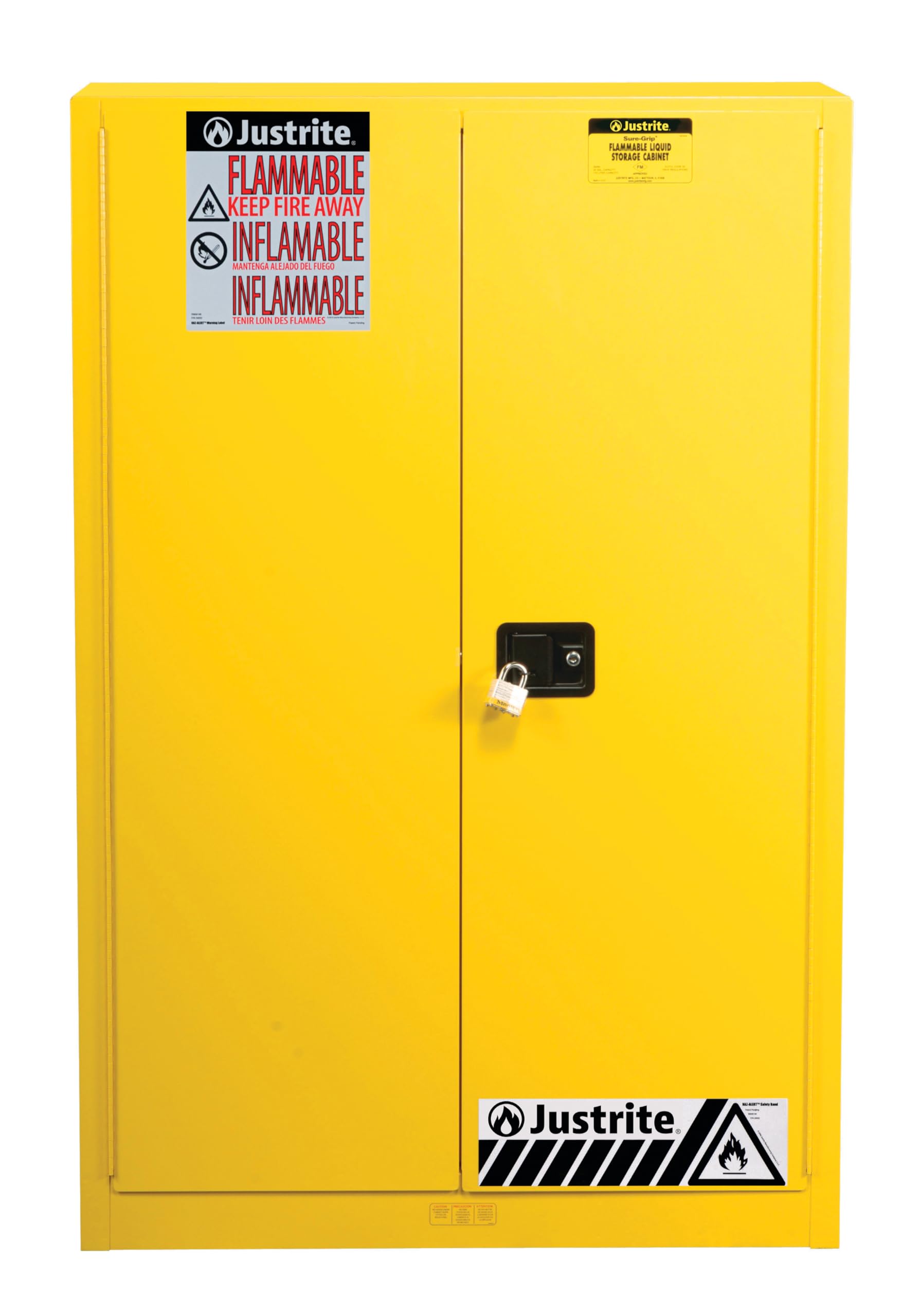 Justrite 60 Gallon Paint and Ink Manual Close Safety Cabinet, 18 Gauge Steel, 5 Shelves, 43" x 65" x 18", 2 Door Combustibles Cabinet, Made in The USA, Yellow, 894510