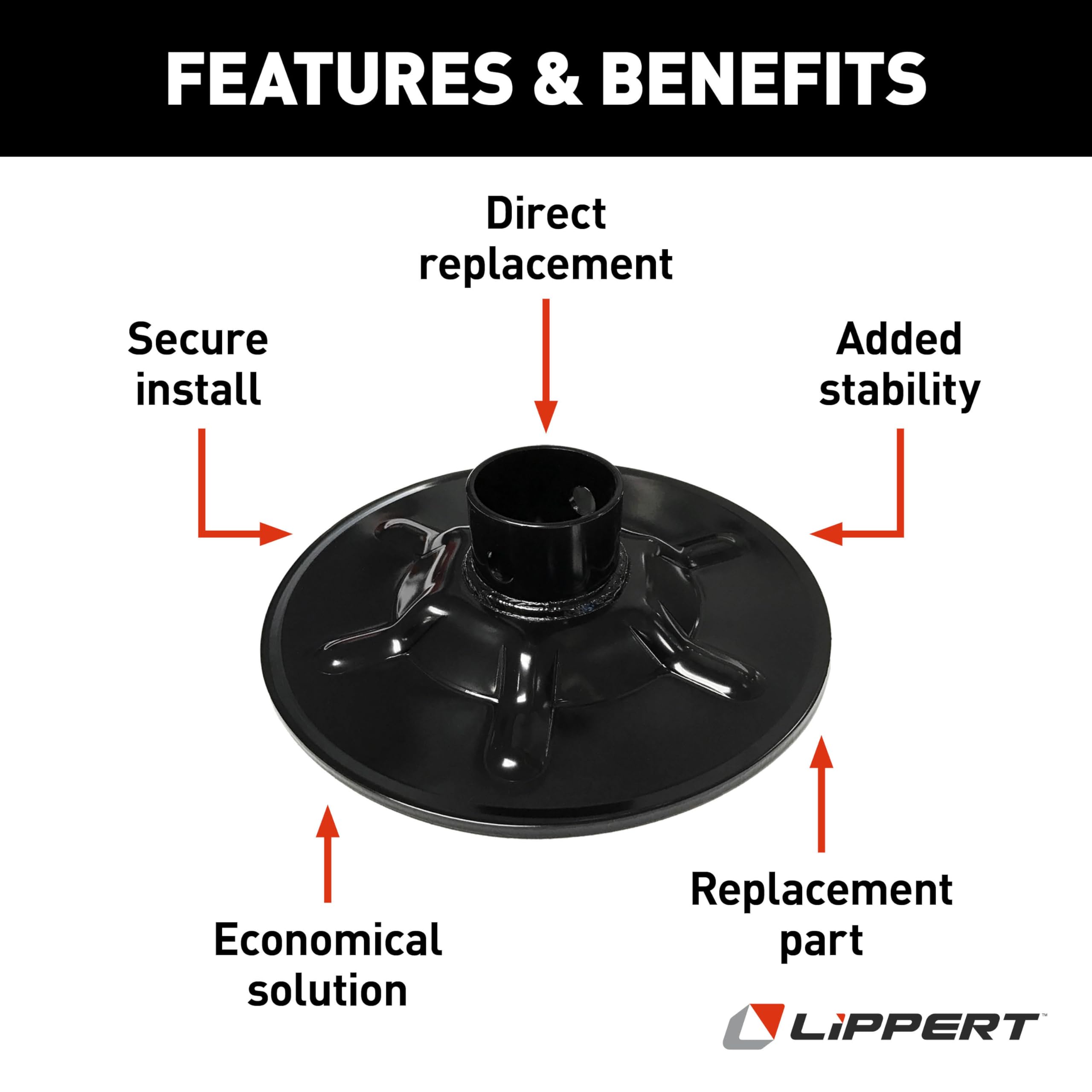 Lippert Ground Control 3.0 Replacement Hall Effect Rear Jack Foot Pad, 9" Diameter, Fits 2" I.D. Tube, Strong Black Powder-Coated Steel Construction, Easy Installation - 377962