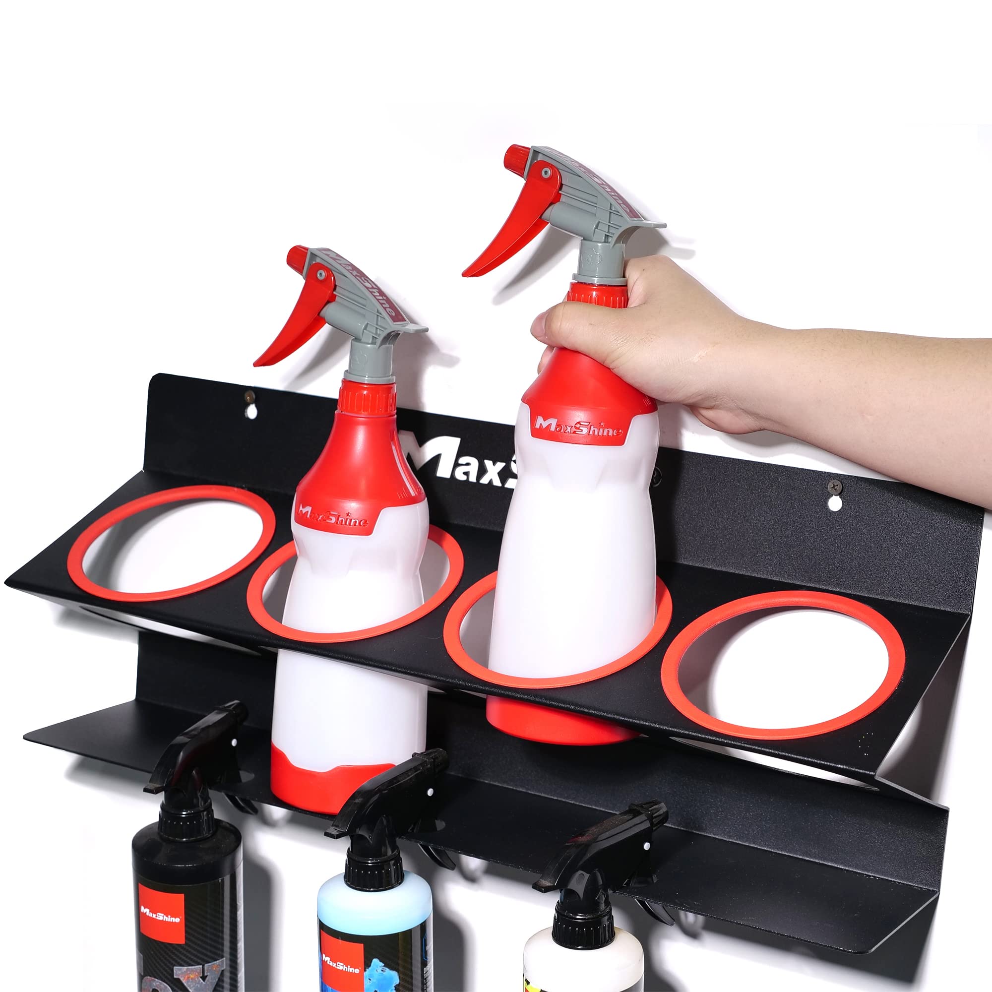 Maxshine Spray Bottle Holder Universal (16oz/34oz) - Holds 7 IK Trigger Sprayers with 3 Small Holes, Sturdy & Lightweight Wall-Mounted Organizer for Detailing Accessories