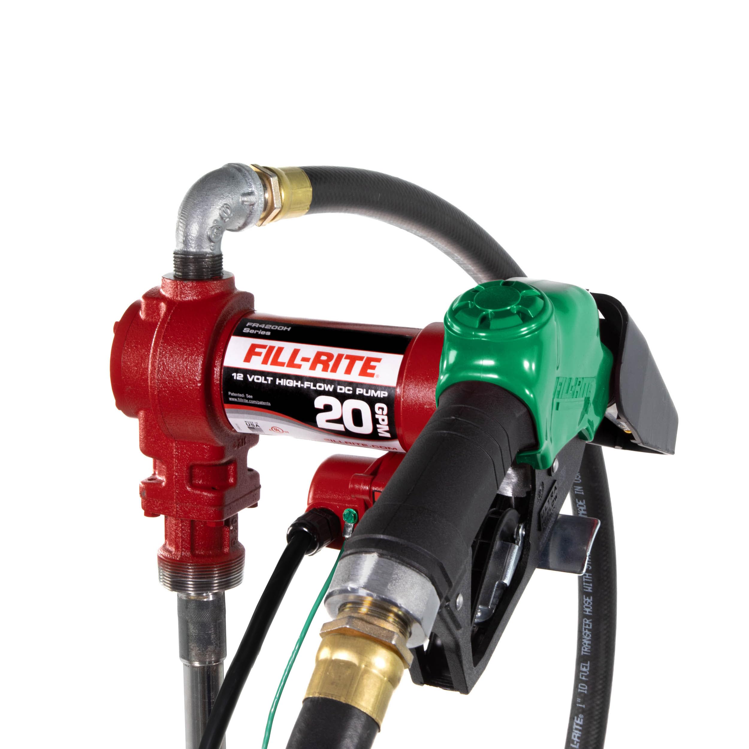 Fill-Rite 12V FR4210HB Fuel Transfer Pump with Discharge Hose & Automatic Nozzle, Red Gasoline, Diesel, Kerosene, Ethanol & Methanol Blends & Biodiesel
