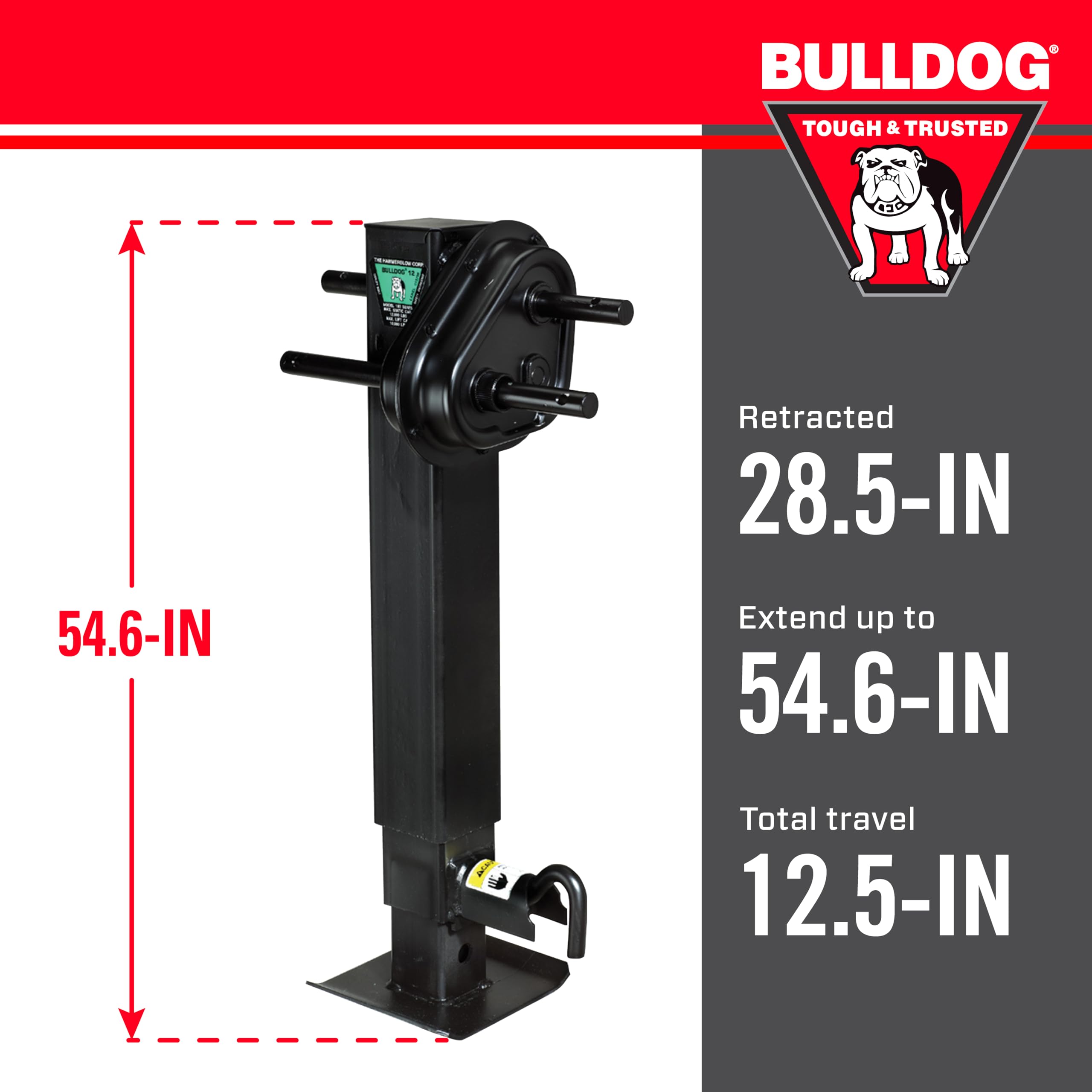 Two-Speed Bulldog 183902 Square Trailer Jack, 12,000 lbs. Lift Capacity, Sidewind, 12-1/2 Inch Travel, Spring Return, Pull Pin to The Side, Traditional Gearbox Style