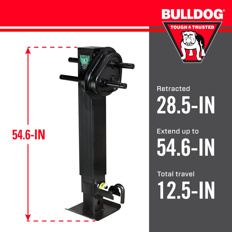 Two-Speed Bulldog 183902 Square Trailer Jack, 12,000 lbs. Lift Capacity, Sidewind, 12-1/2 Inch Travel, Spring Return, Pull Pin to The Side, Traditional Gearbox Style