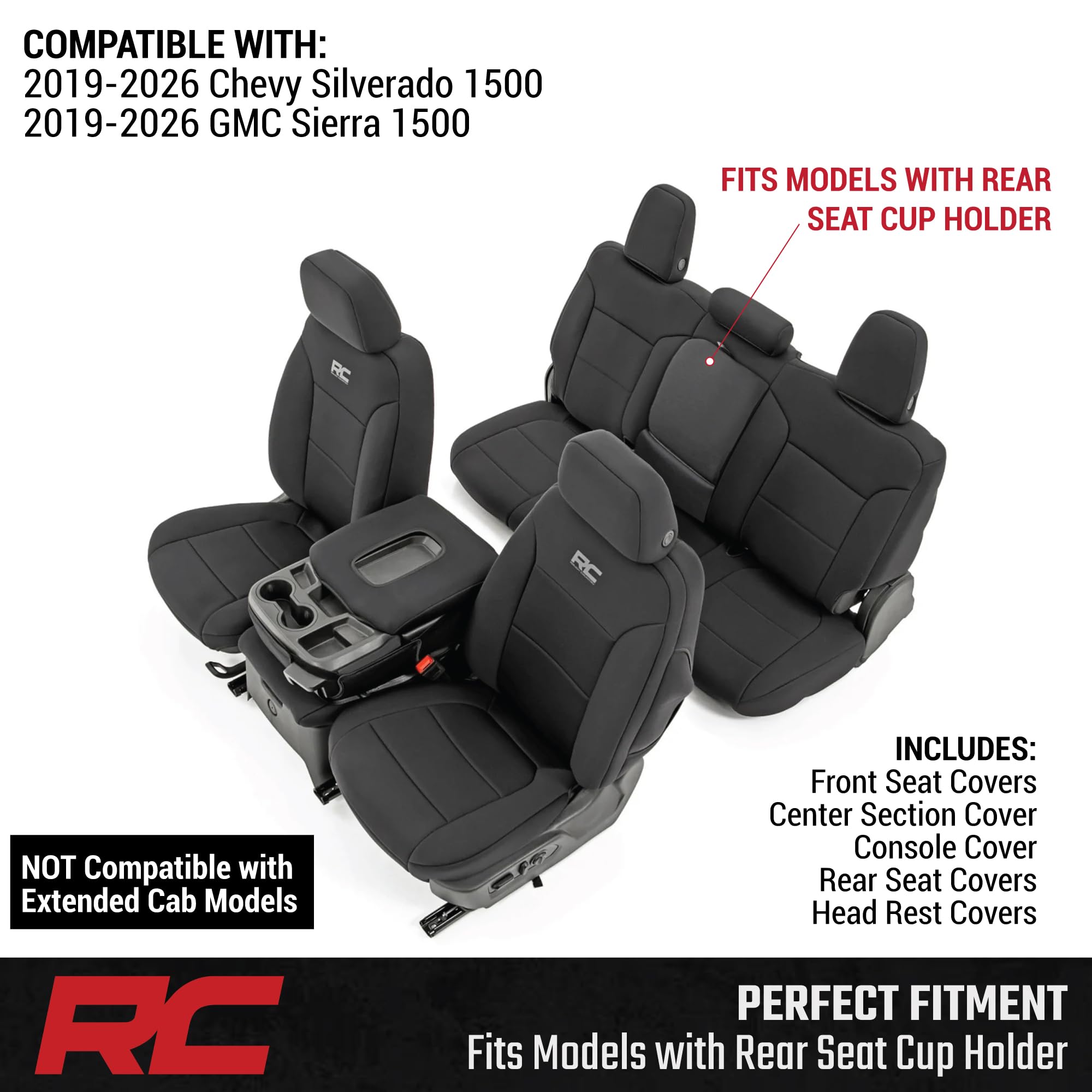 Rough Country Seat Covers Neoprene for Chevy Silverado/GMC Sierra 1500 (2019–2026) w/Rear Cup Holder - Waterproof, UV-Resistant, Foam Padded, Front & Rear Row Cover Set
