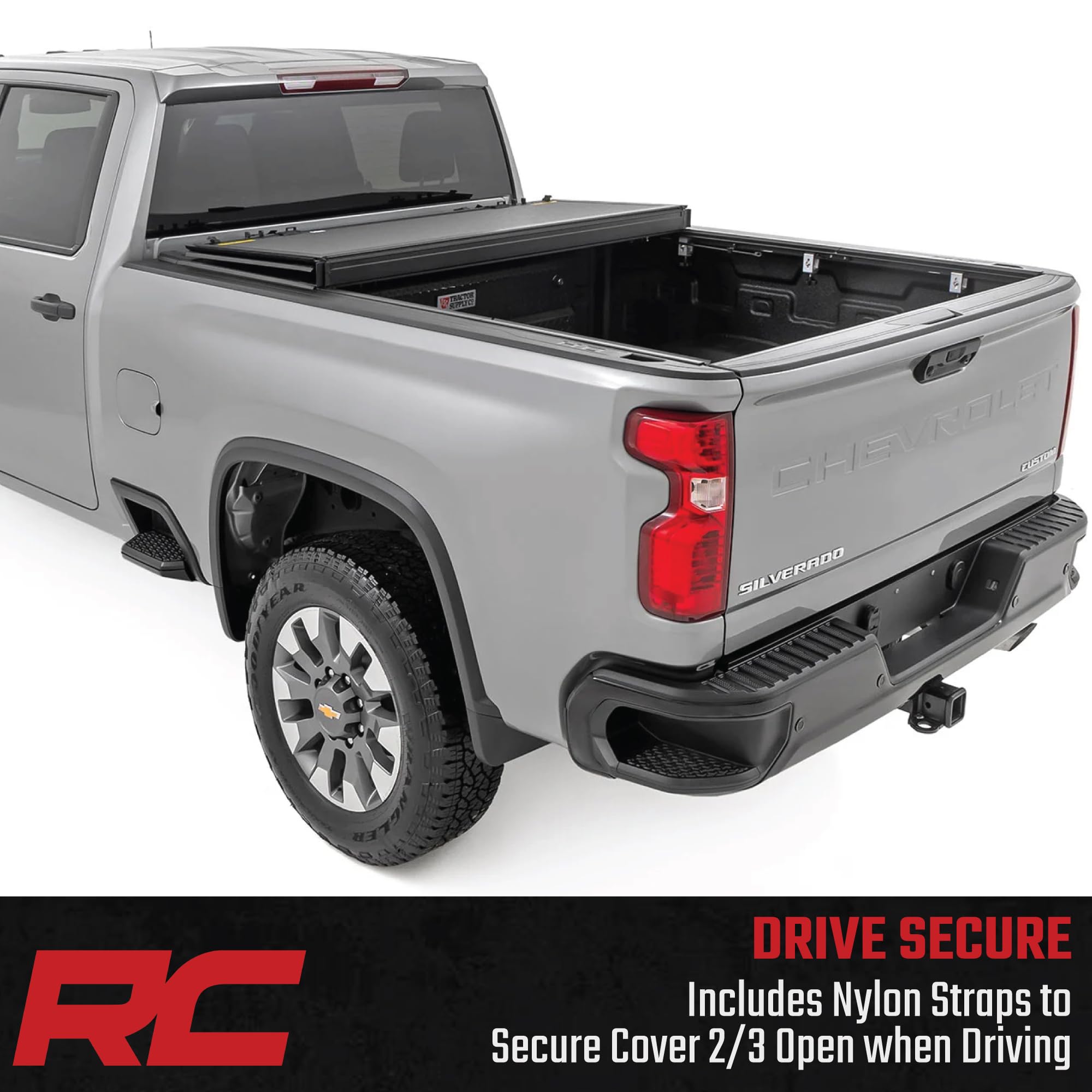 Rough Country Truck Bed Hard Flip-Up Tonneau Cover for Chevy Silverado & GMC Sierra 2500HD/3500HD (2020-2025) - Aluminum Tri-Fold Bed Cover, Fits 6'9 (82.2") Bed