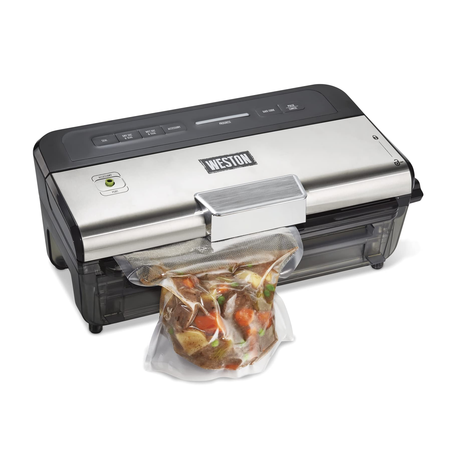 Wet & Dry Vacuum Sealer Machine WESTON BRANDS, Seals Liquid Foods Quickly and Consistently, Date Code Stamp, Built-In Cutter, Pulse Button, Includes 2 Rolls and 6 Easy-Fill Bags, Black (65-1601-W)