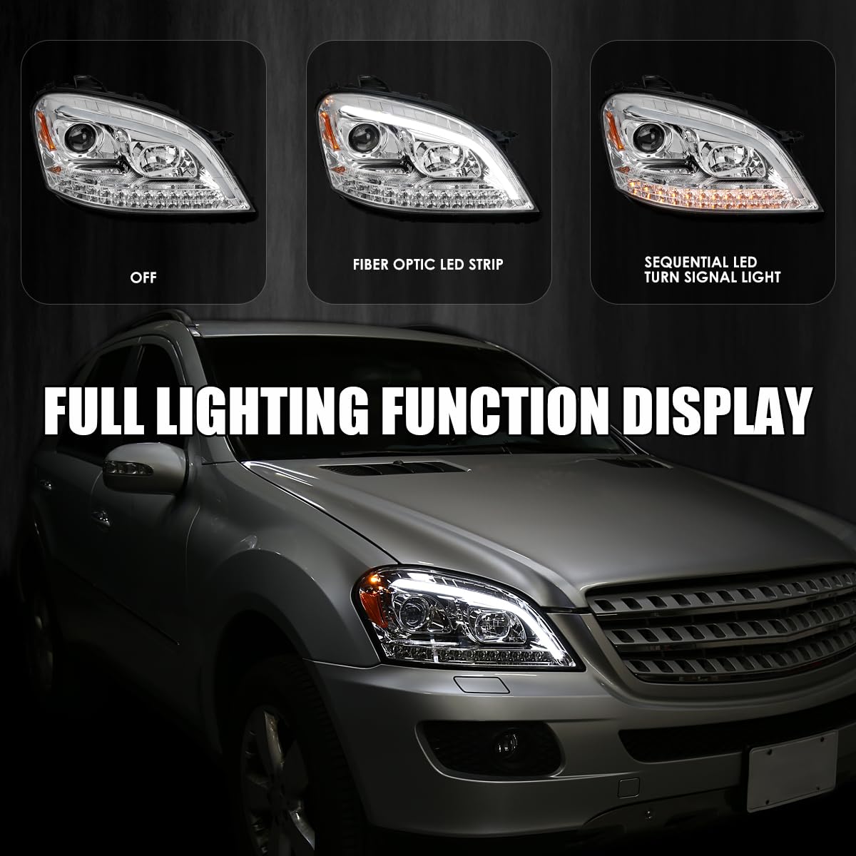 Chrome Projector Headlights w/LED Sequential Signal SPEC-D TUNING Compatible with 2006-2008 Mercedes Benz W164 ML350 ML500 ML-Class, Left + Right Pair Headlamps Assembly