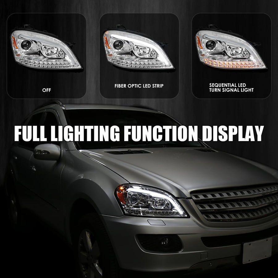 Chrome Projector Headlights w/LED Sequential Signal SPEC-D TUNING Compatible with 2006-2008 Mercedes Benz W164 ML350 ML500 ML-Class, Left + Right Pair Headlamps Assembly