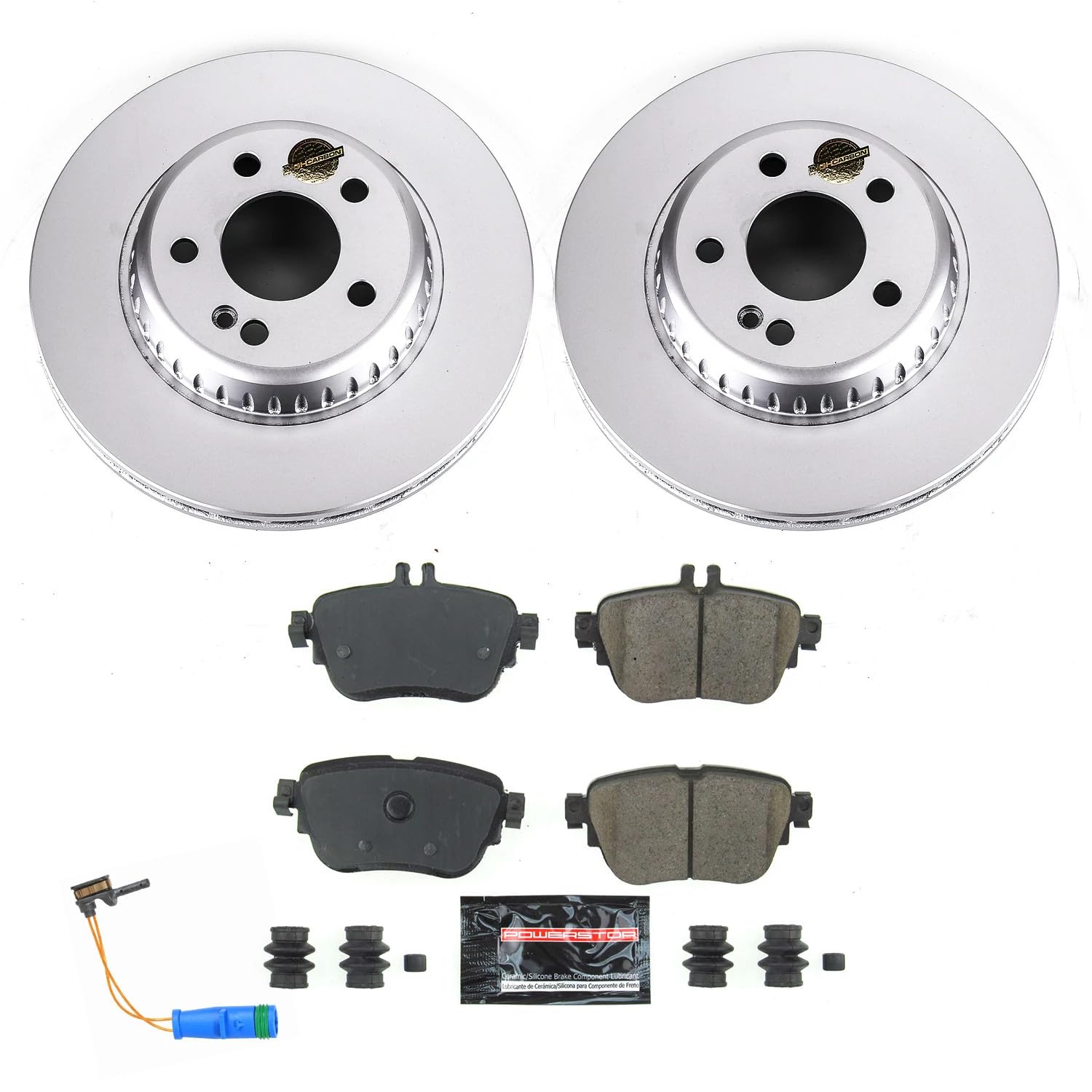 Power Stop Z23 Rear Coated Rotor Kit-Coated Brake Rotors, Brake Pads Carbon Ceramic and 1 Rear Sensor Wire