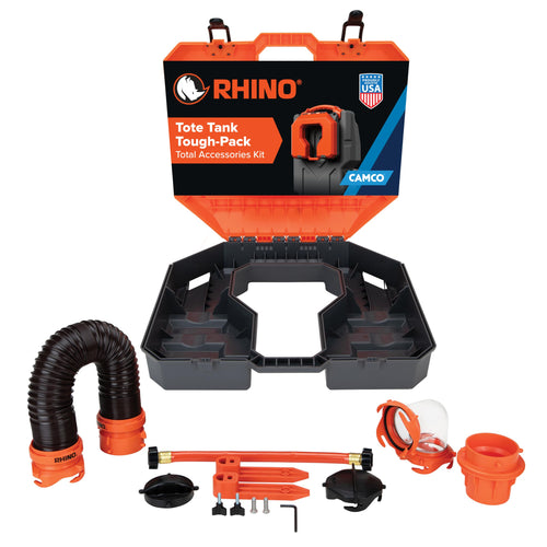Camco Tough-Pack Rhino Tote Tank – Essential RV Accessory for Efficient Waste Management – Compact 7-Piece Kit Includes Sewer Hose & RV Storage Case (39023)