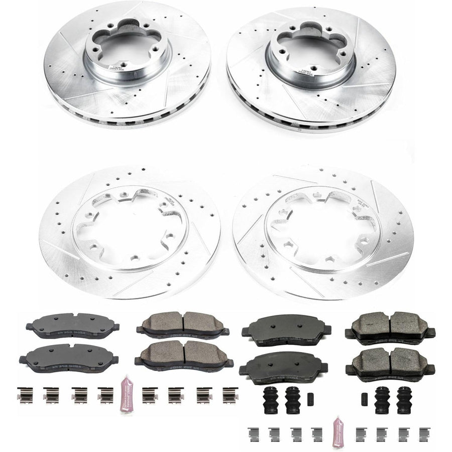 Power Stop K7234 Z23 Carbon Fiber Brake Pads Front and Rear with Drilled & Slotted Brake Rotors Kit For Ford Transit-350 HD 2015-2019 [Model Specific]