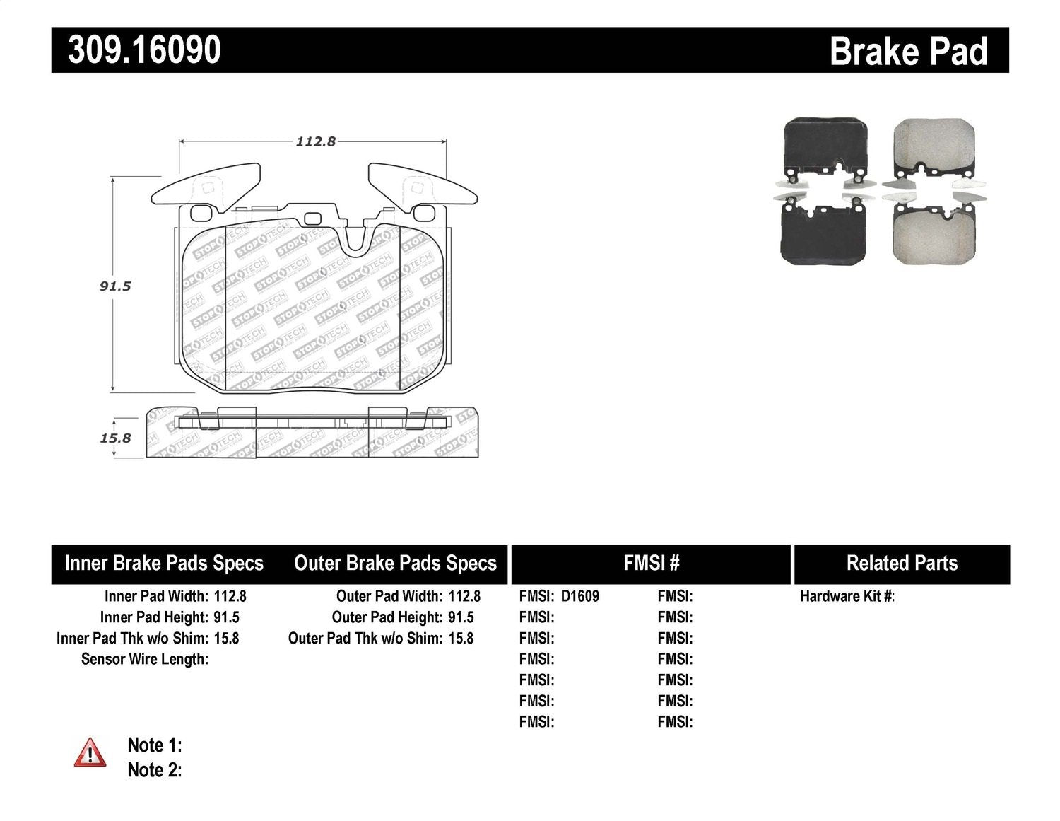 Sport Brake Pads StopTech 309.16090 with Shims and Hardware
