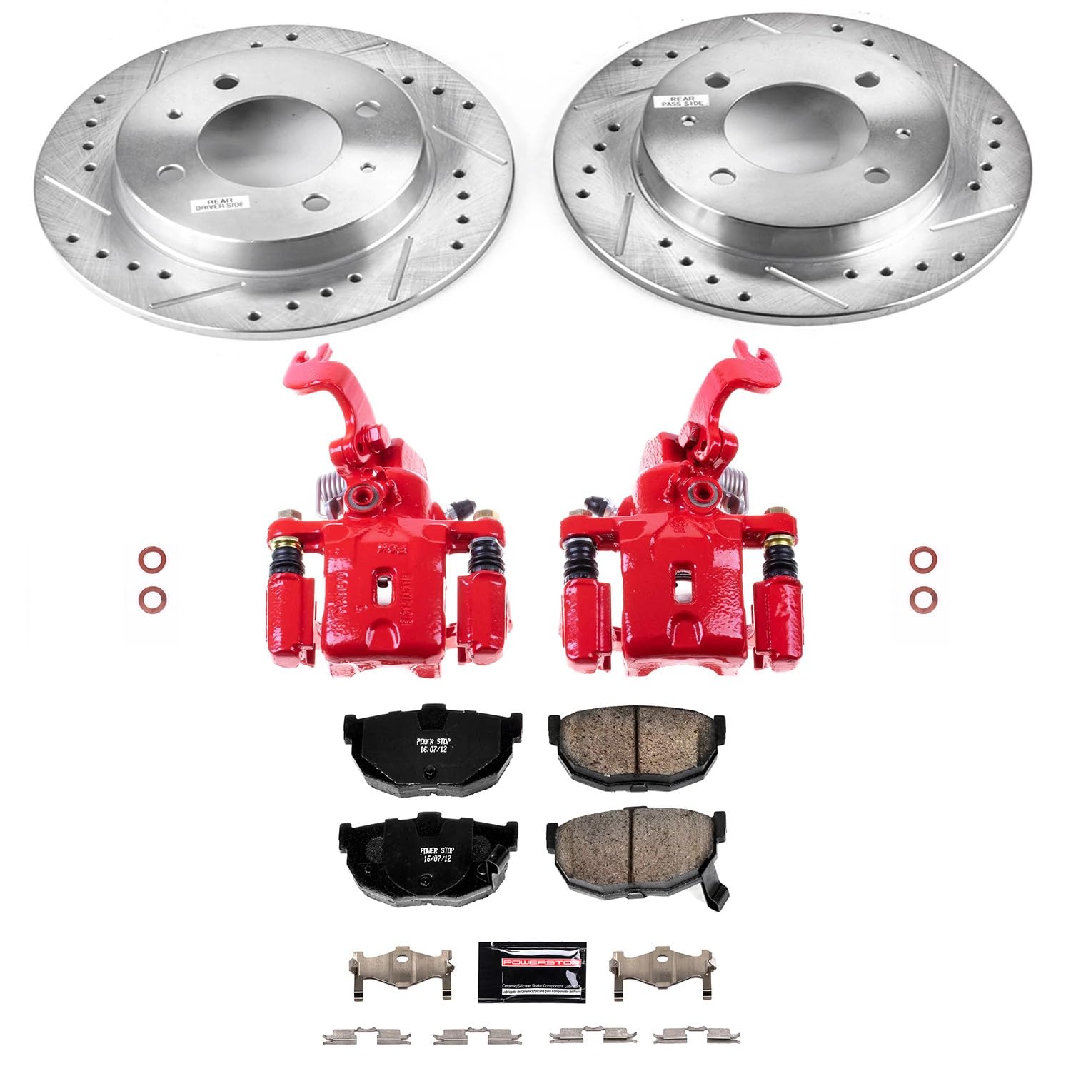 Power Stop Z23 Evolution KC3106B Rear Brake Kit-Drilled/Slotted Rotors, Carbon Ceramic Brake Pads & Calipers For Hyundai Elantra 1997-2000, Hyundai Tiburon 1997-2001 [Model Specific]