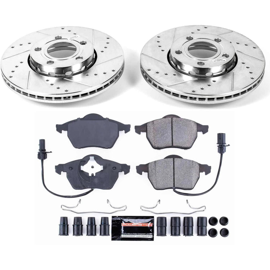Power Stop K5229 Z23 Carbon Fiber Brake Pads Front with Drilled & Slotted Brake Rotors Kit For Audi A4 2005 [Model Specific]