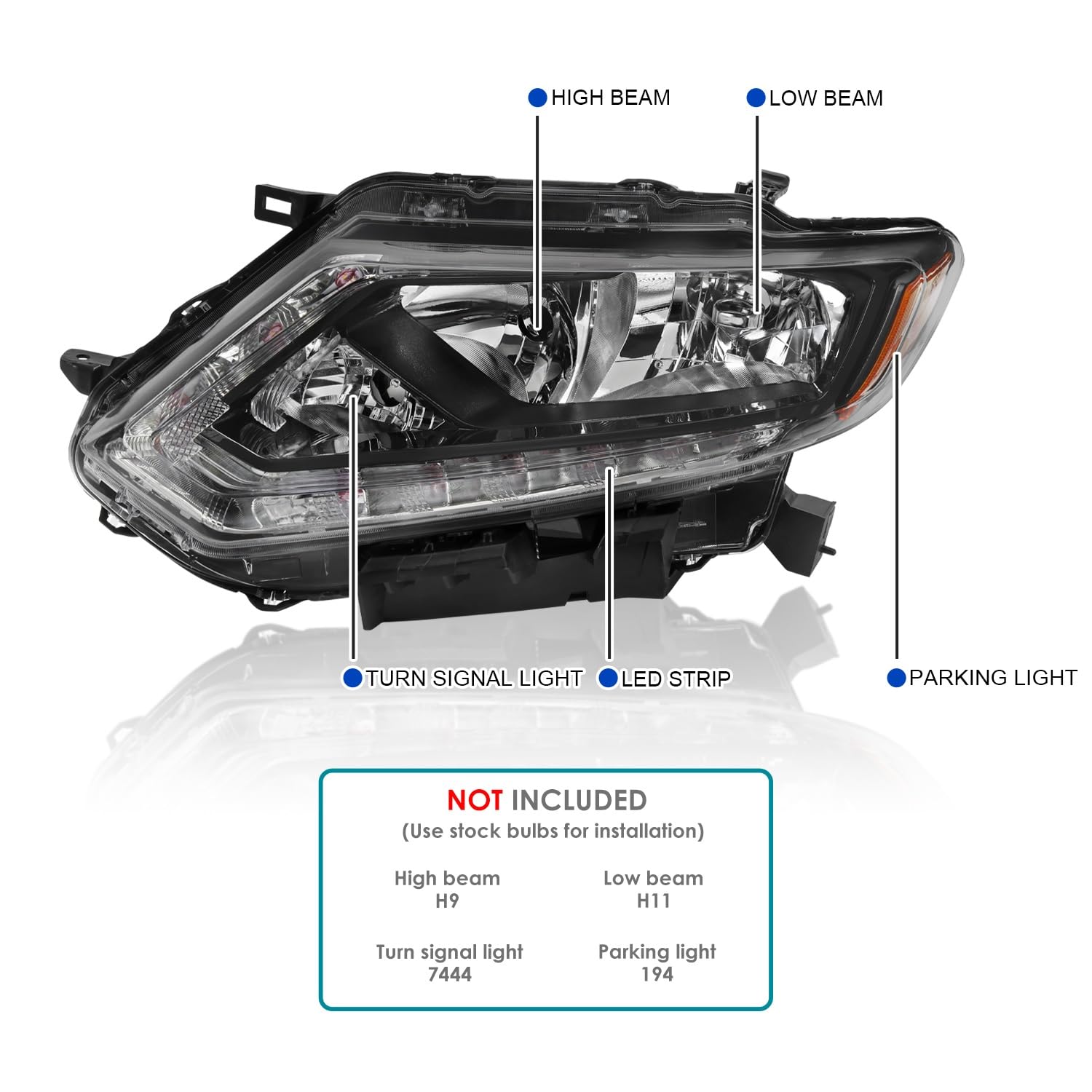 Left Driver Side SPEC-D TUNING Black Headlight w/LED Strip Compatible with 2014-2016 Nissan Rogue