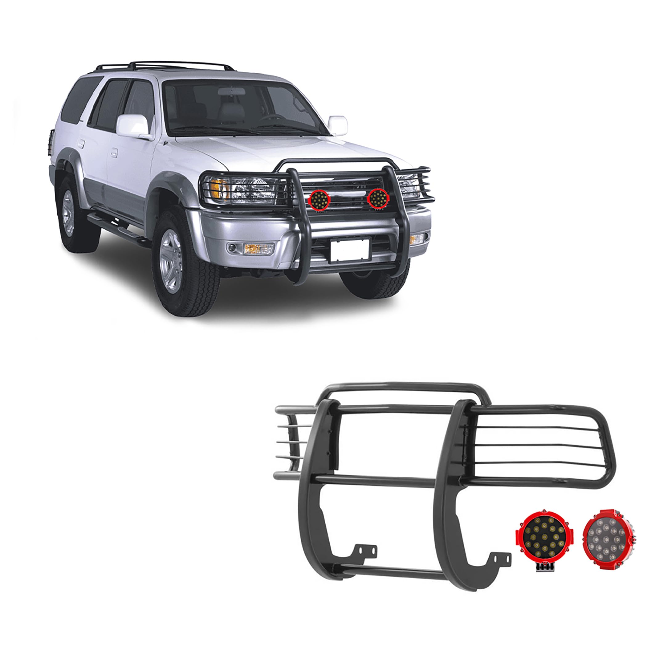 Black Horse Grille Brush Bumper Guard Black Modular Come with Pair of 7.0" Dia.LED Lights with Red Trim Rings Compatible with 1999-2002 Toyota 4Runner-17TN23MA-PLR