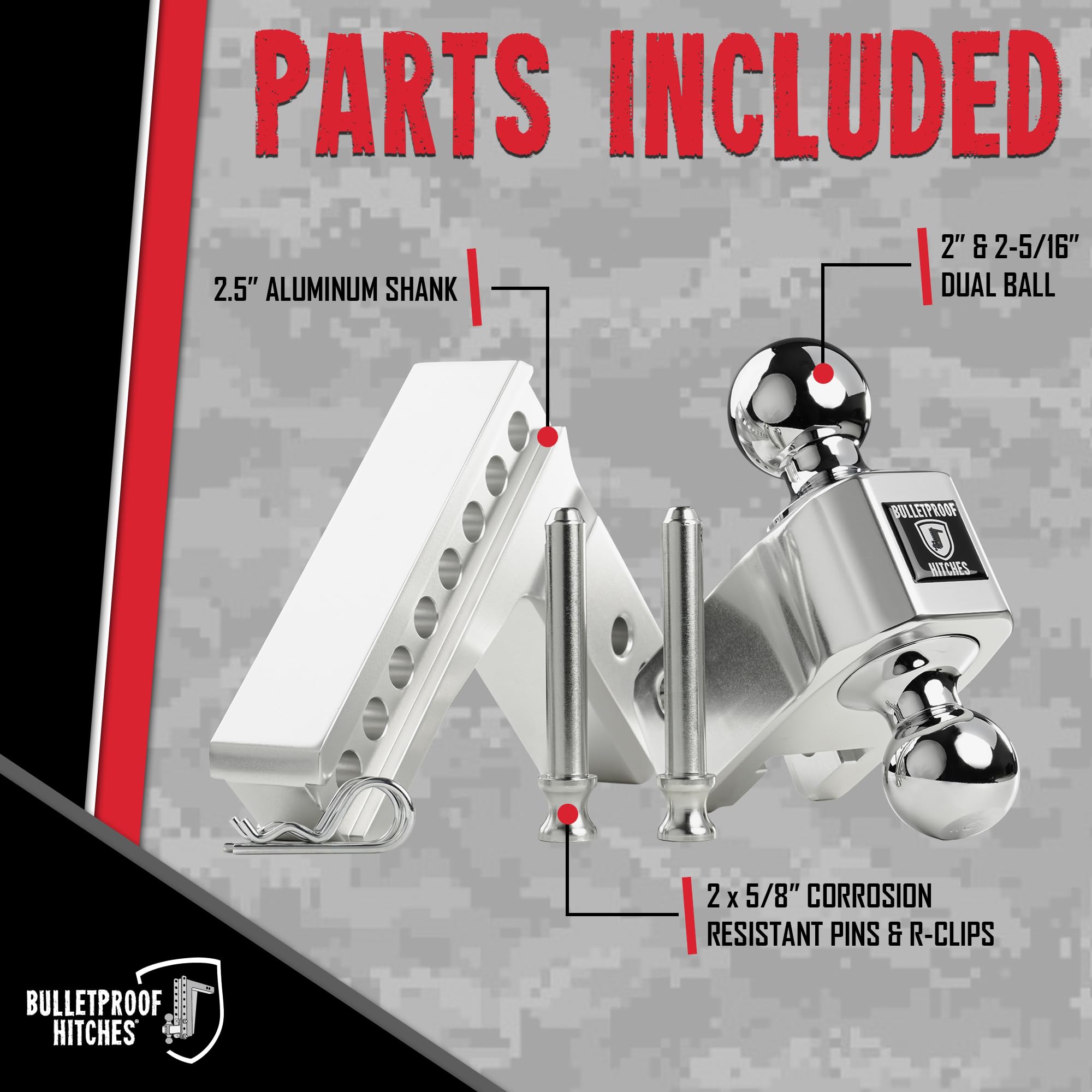 2.5" Aluminum BulletProof Hitches - Trailer Hitch (14,000 lb. Rating) - Adjustable Hitch with 4" Drop/Rise and 2" & 2-5/16" Dual Ball - Corrosion-Resistant Tow Hitch