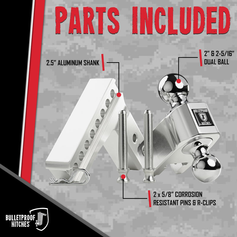 2.5" Aluminum BulletProof Hitches - Trailer Hitch (14,000 lb. Rating) - Adjustable Hitch with 4" Drop/Rise and 2" & 2-5/16" Dual Ball - Corrosion-Resistant Tow Hitch