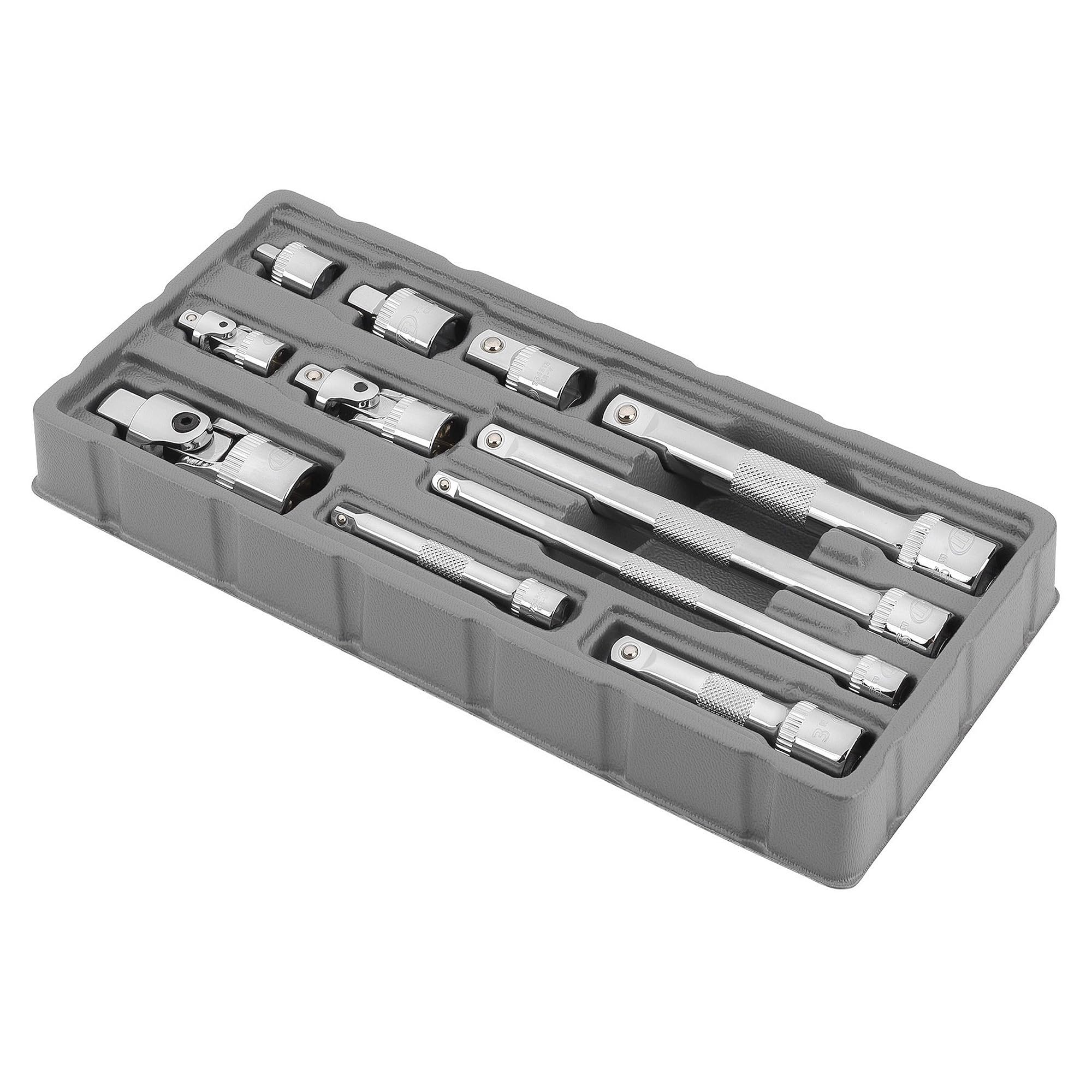 Ingersoll Rand 11-Piece Accessory Socket Set, Chrome Vanadium Steel, Includes U-Joints, Adapters & Extensions in 1/4", 3/8", 1/2" Drive, with Thermoform Organizer Tray – 752055X