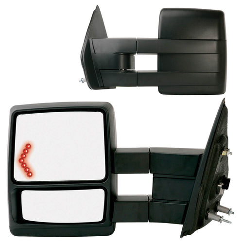 K Source Towing Mirror Extendable Pair for 2009-2012 F150, Textured Black, LED Arrow Turn Signal, Puddle Lamp, Heated Power, Adjustable, Dual Lens, Convex & Flat Mirror, Foldaway