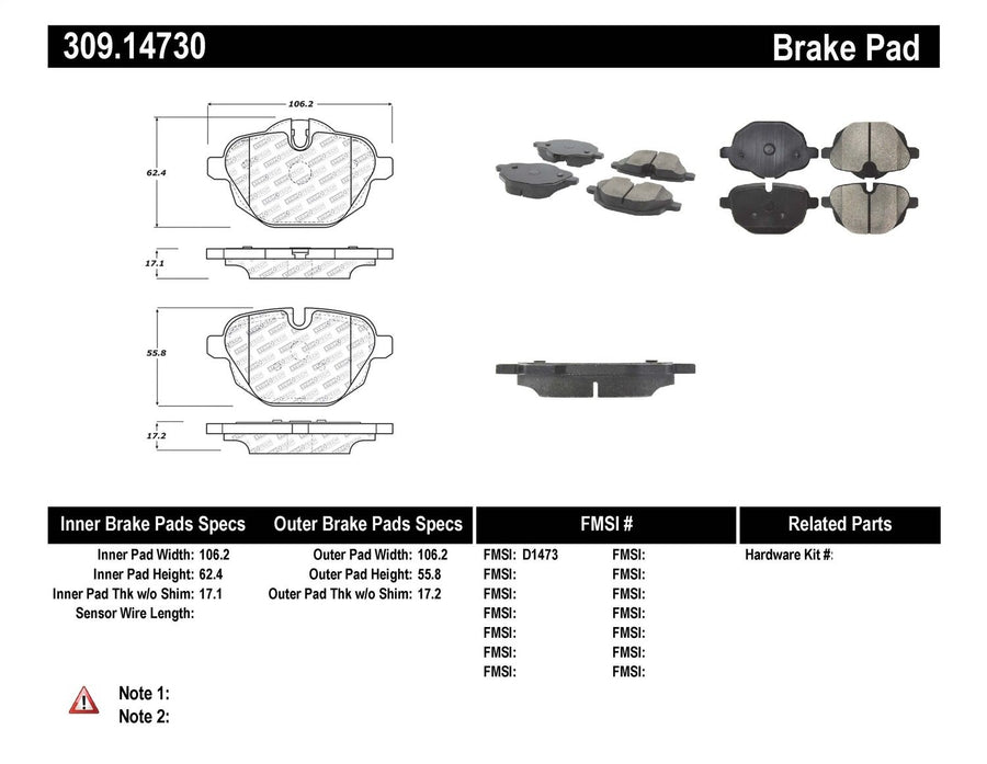 Sport Brake Pads StopTech 309.14730 with Shims and Hardware, one size