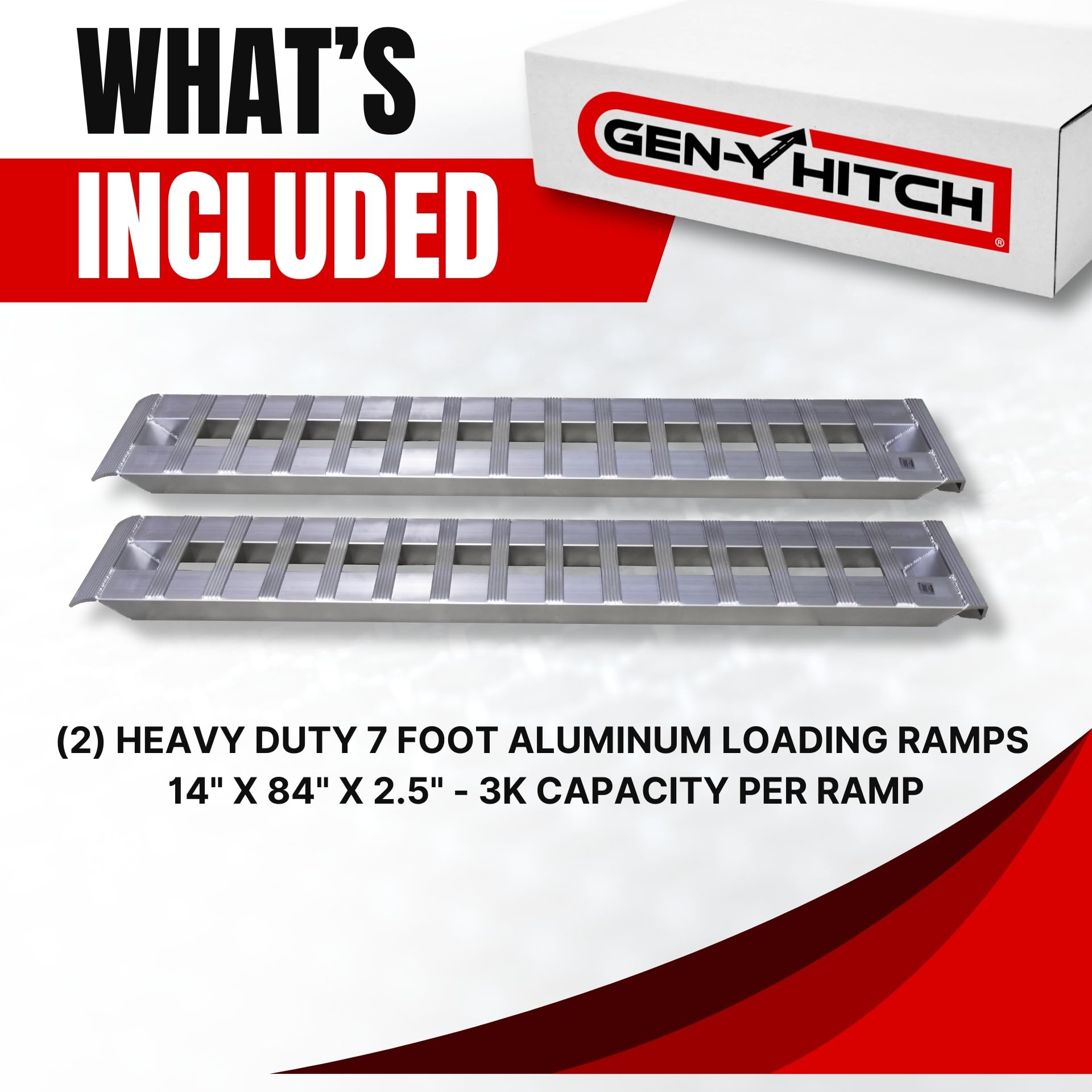 Heavy Duty GEN-Y Aluminum Loading Ramps - Set of 2, 7 Foot Long x 14 Inches Wide, 6000 lbs Capacity, Hybrid Hook and Plate Ends, Serrated Cross Rungs for Maximum Traction