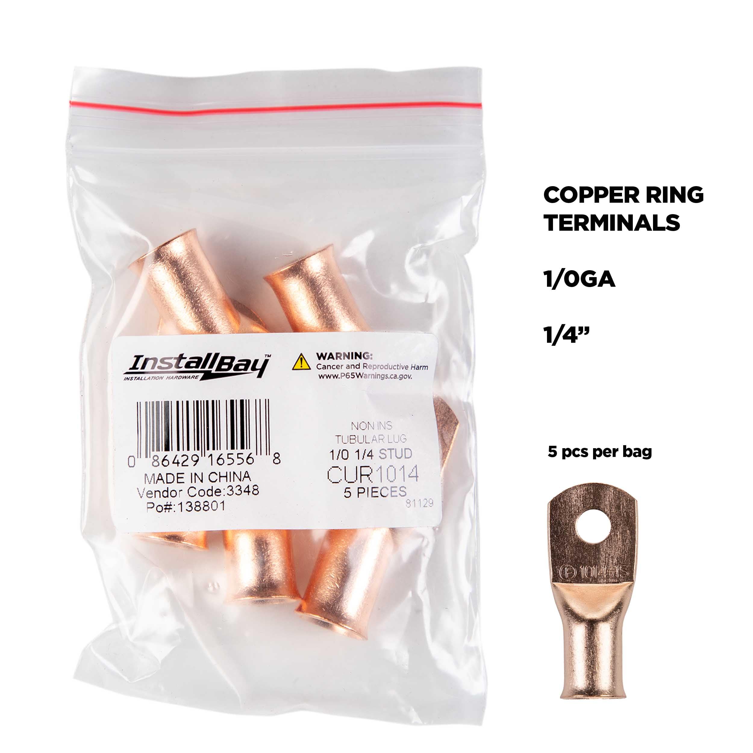 Copper Ring Terminal Install Bay 1/0 Gauge 1/4 Inch 5 Pack - CUR1014