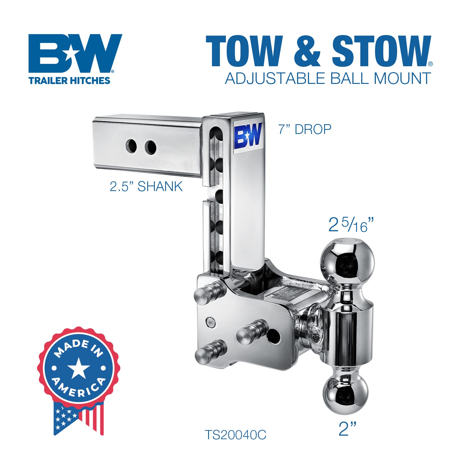 B&W Trailer Hitches Tow & Stow Chrome Adjustable Trailer Hitch Ball Mount - Fits 2.5" Receiver, Dual Ball (2" x 2-5/16"), 7" Drop, 18,000 GTW - TS20040C